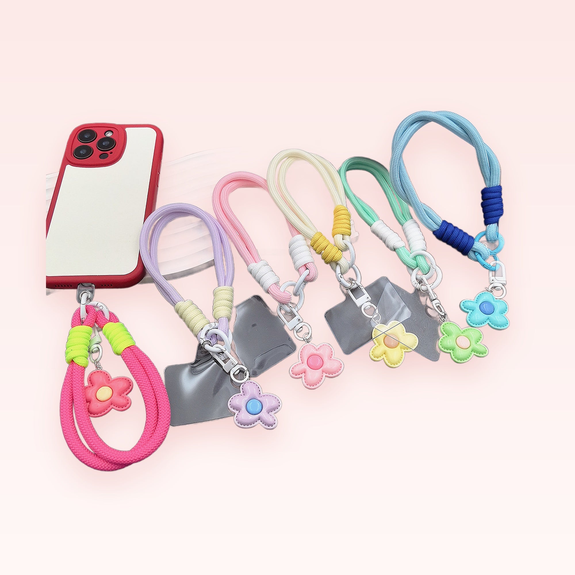 Kawaii Braided Rope Phone Charm Wristlet | Pastel Flower Lanyard Strap
