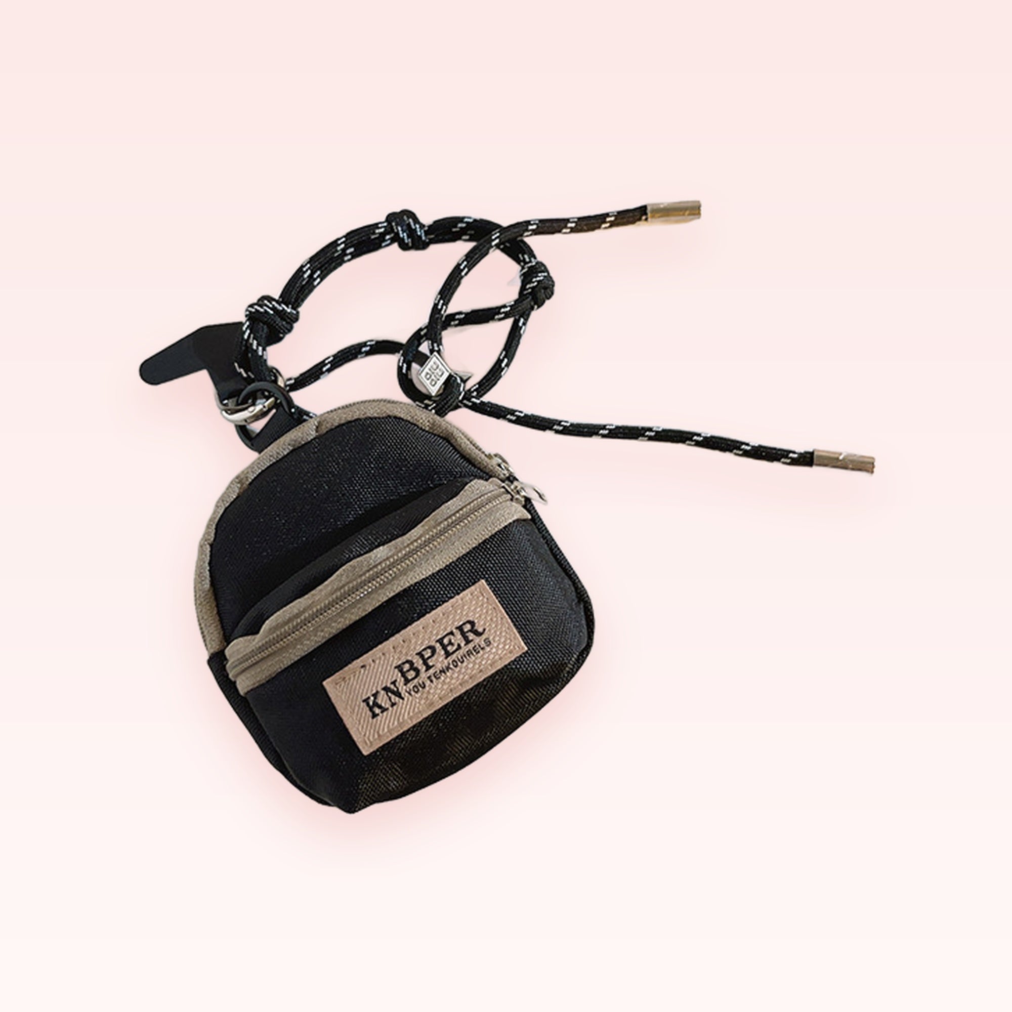 Miniature Backpack Phone Charm Lanyard | Aesthetic Black & Beige Strap