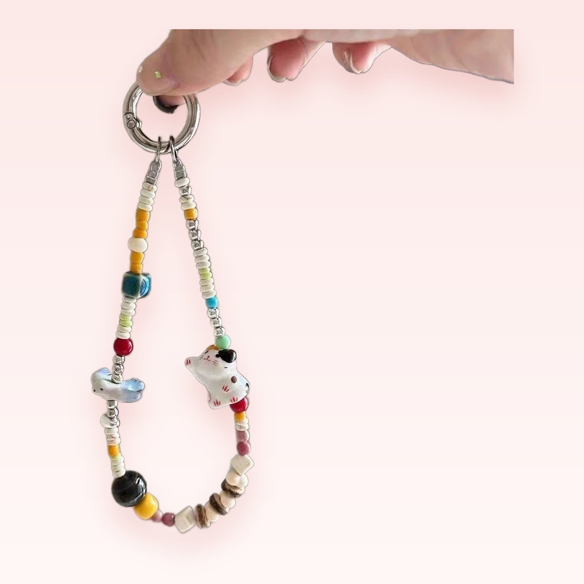 Kawaii Beaded Cat & Cloud Phone Charm Strap | Aesthetic Colorful Wrist Lanyard