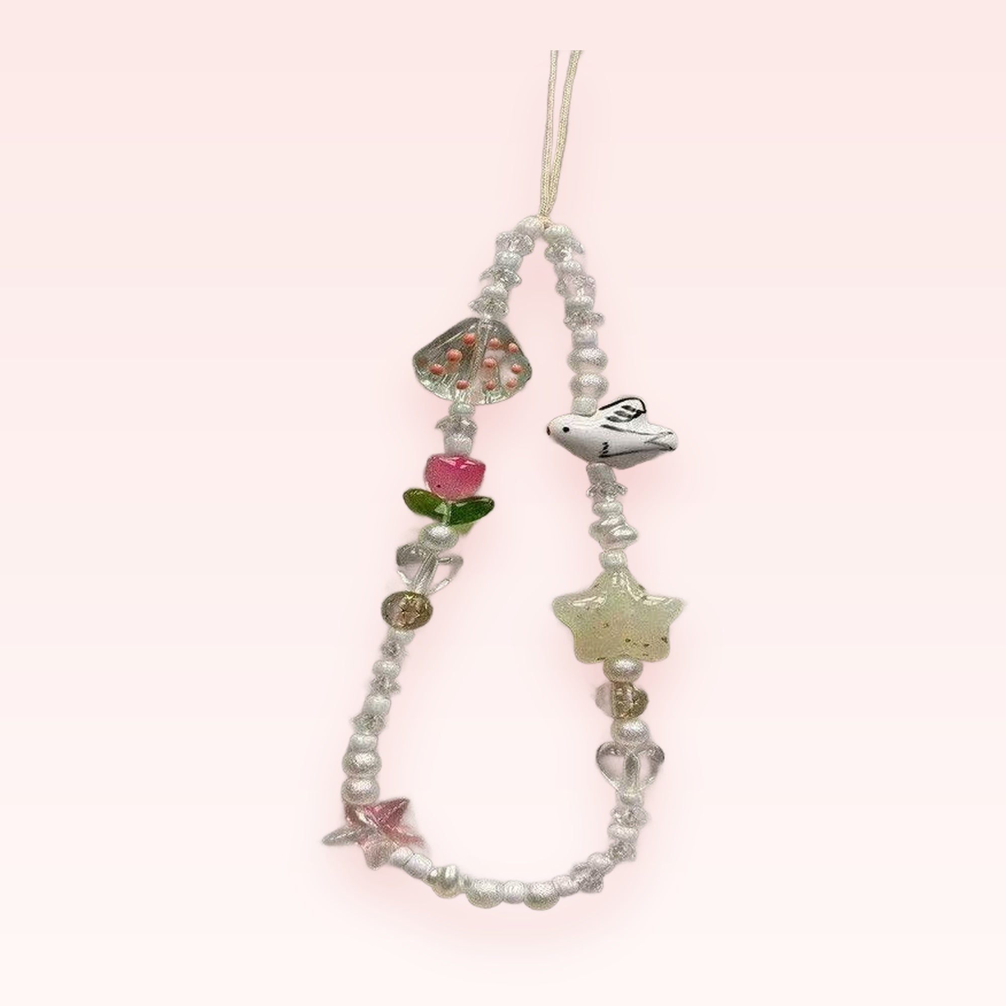 Cute Pearl & Clear Bead Phone Charm | Kawaii Floral & Bird Wrist Strap
