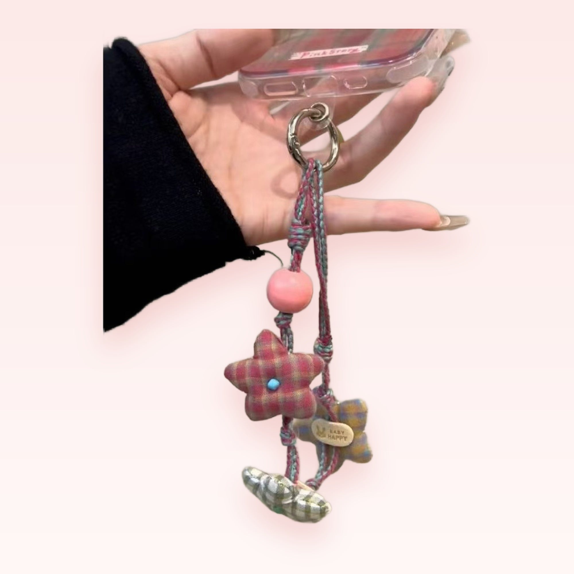 Plaid Star & Butterfly Phone Charm | Cute Fabric Keychain Wrist Strap
