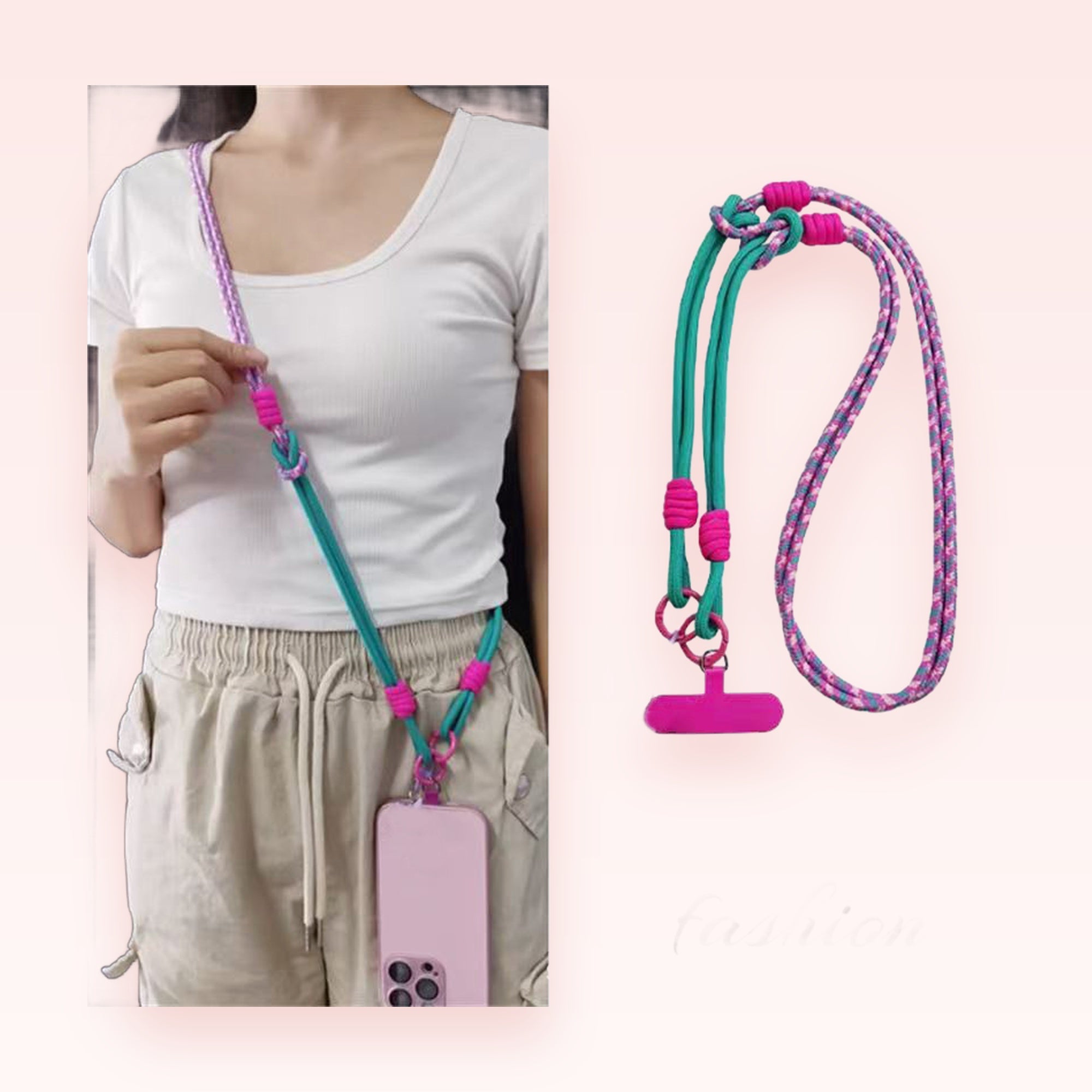 Vibrant Teal & Pink Braided Phone Lanyard | Adjustable Crossbody Strap