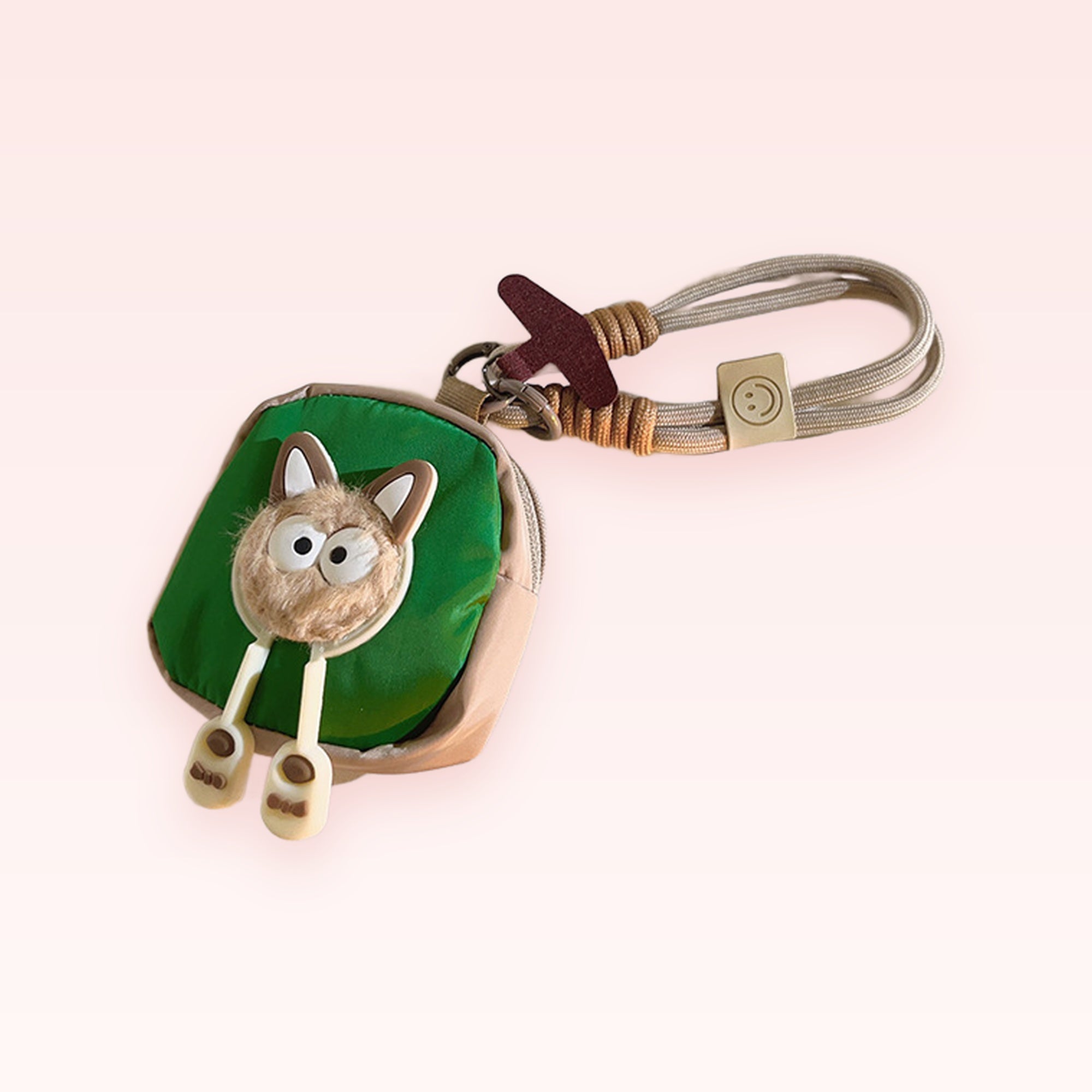 Kawaii Green & Beige Fox Pouch Phone Charm | Cute Wrist Strap Keychain