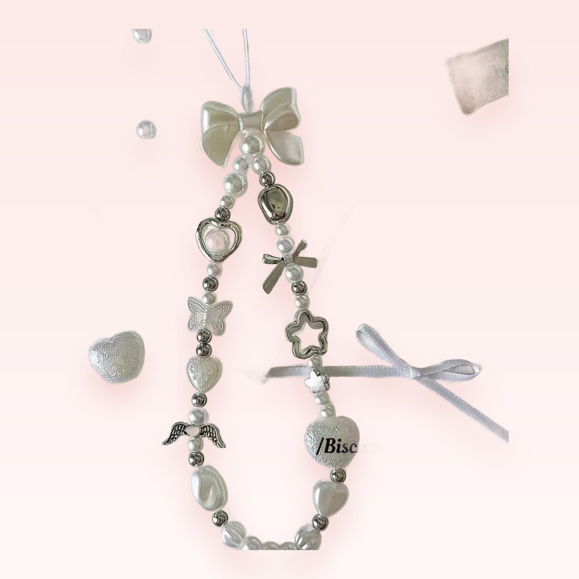Kawaii Pearl & Silver Charm Phone Strap | Aesthetic Beaded Wrist Lanyard