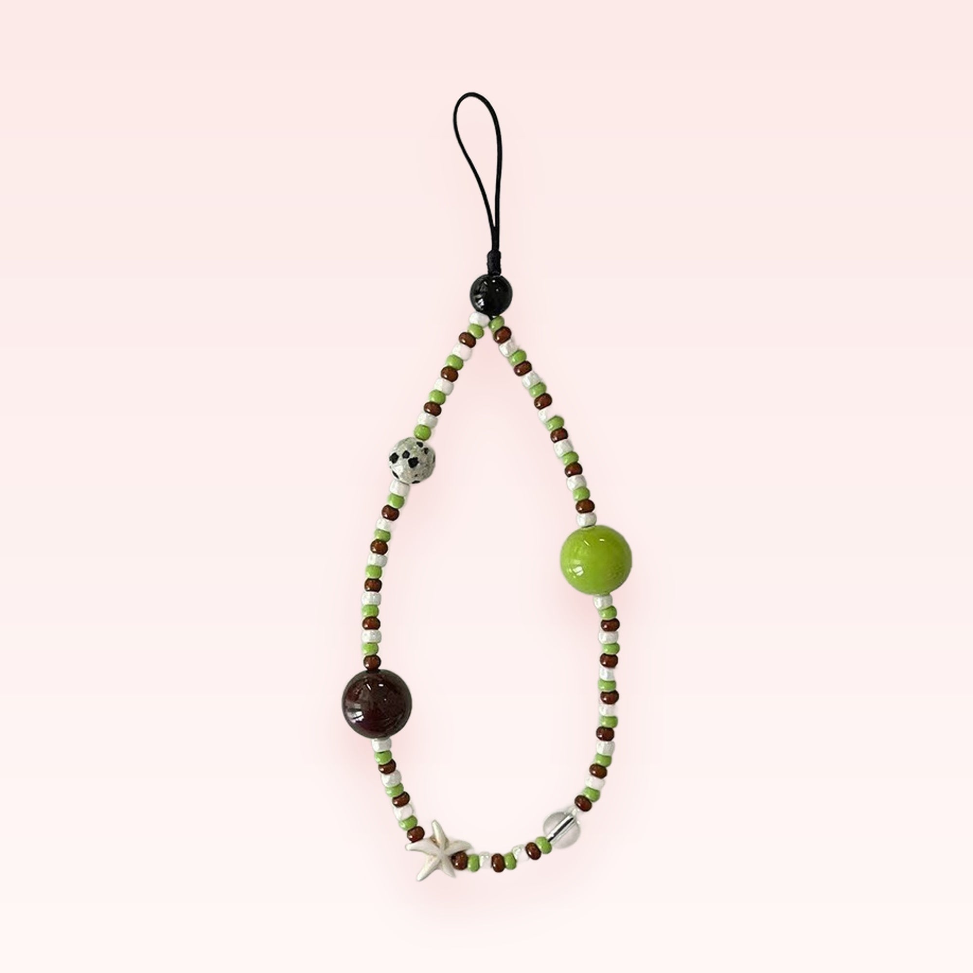 Aesthetic Green & Brown Beaded Phone Charm | Cute Starfish & Dalmation Bead Wristlet