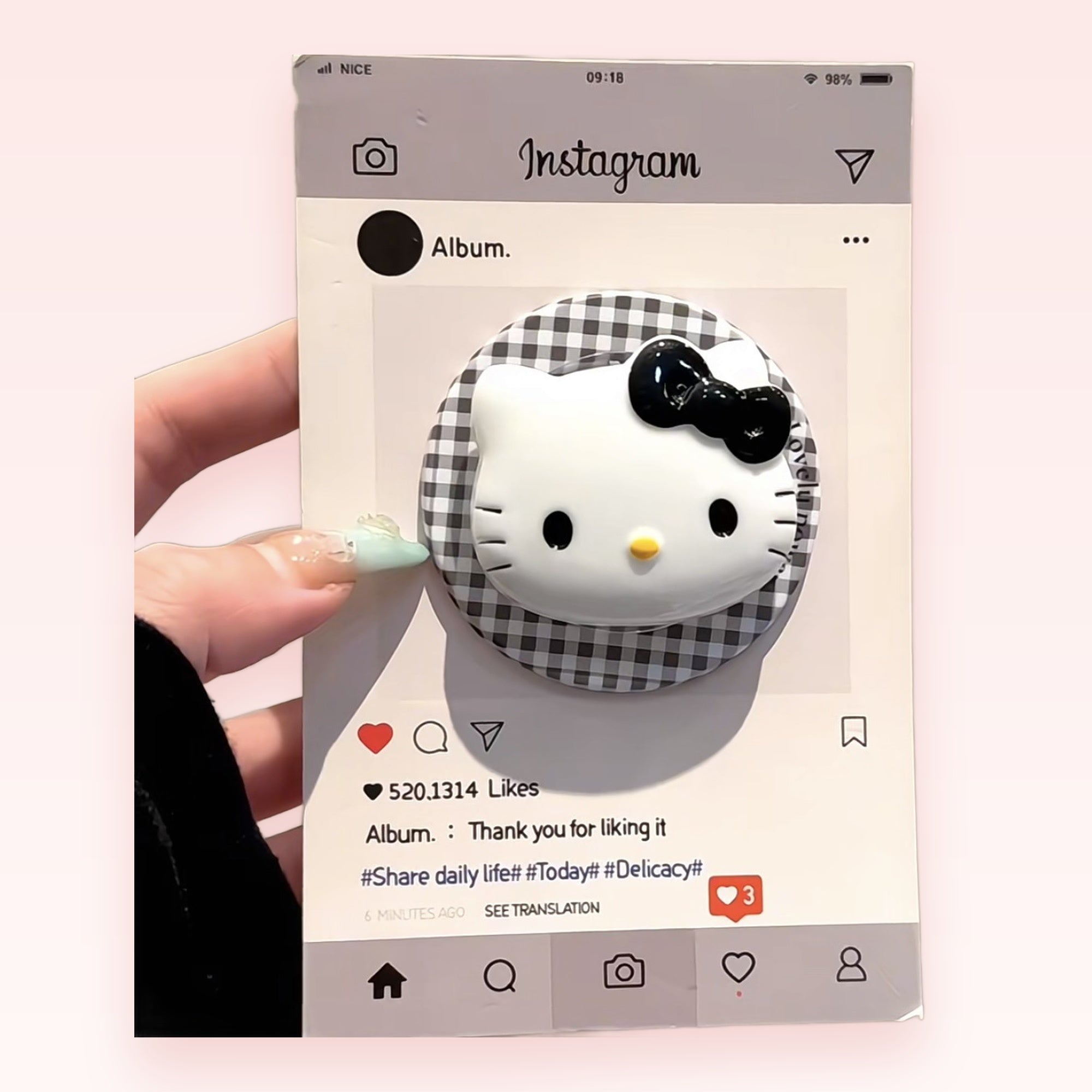 Hello Kitty Gingham Phone Grip | Kawaii Black & White Pop Socket Stand