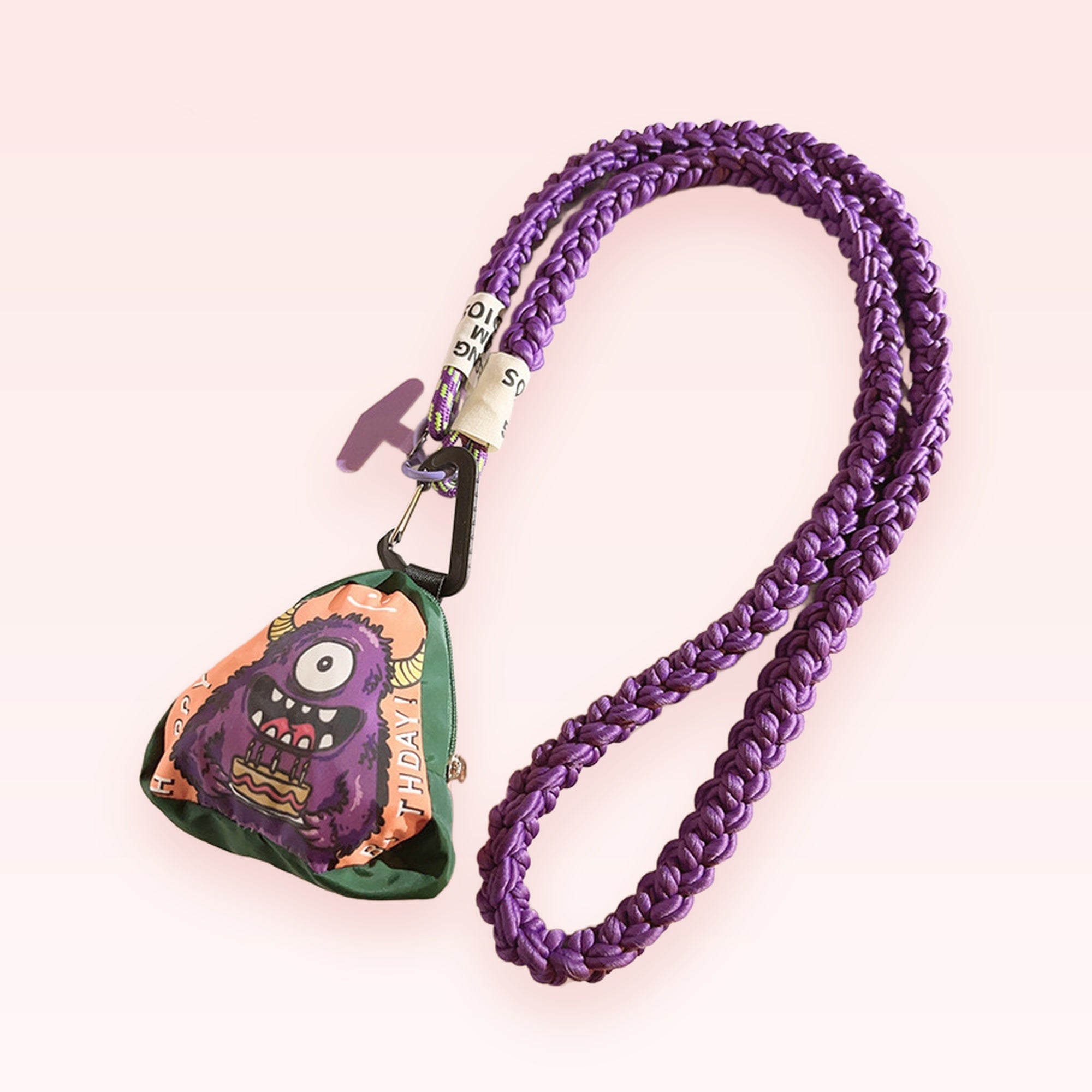 Purple Braided Lanyard Phone Charm with Monster Pouch | Cute Kawaii Neck Strap