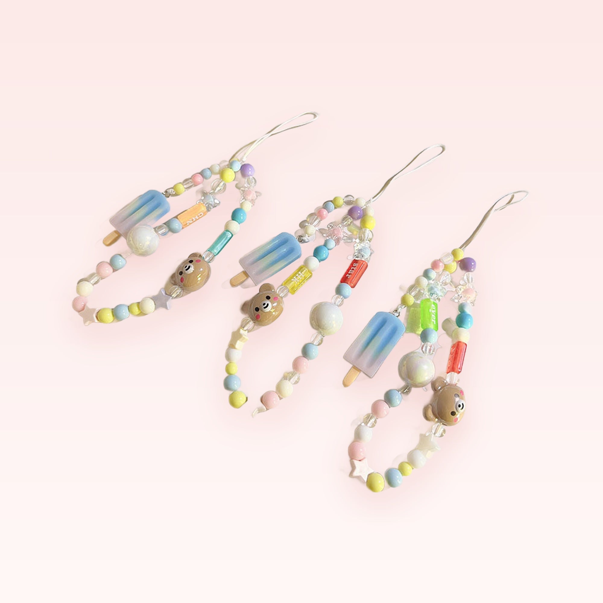 Kawaii Pastel Bear & Popsicle Phone Charm | Beaded Wrist Lanyard Strap