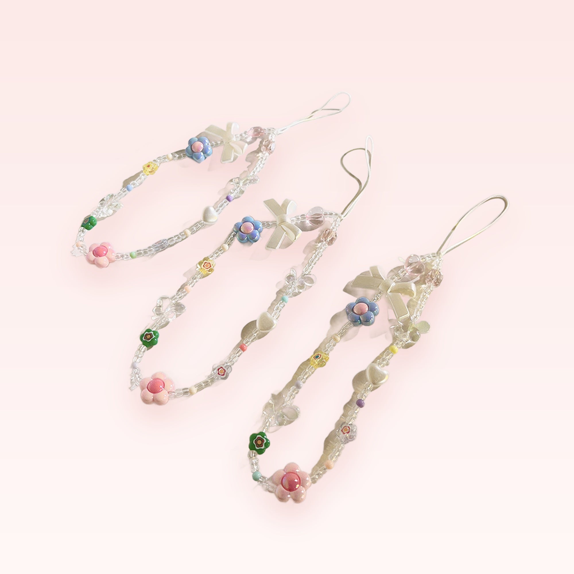 Kawaii Pastel Flower Beaded Phone Charm | Cute Bow & Heart Wrist Strap