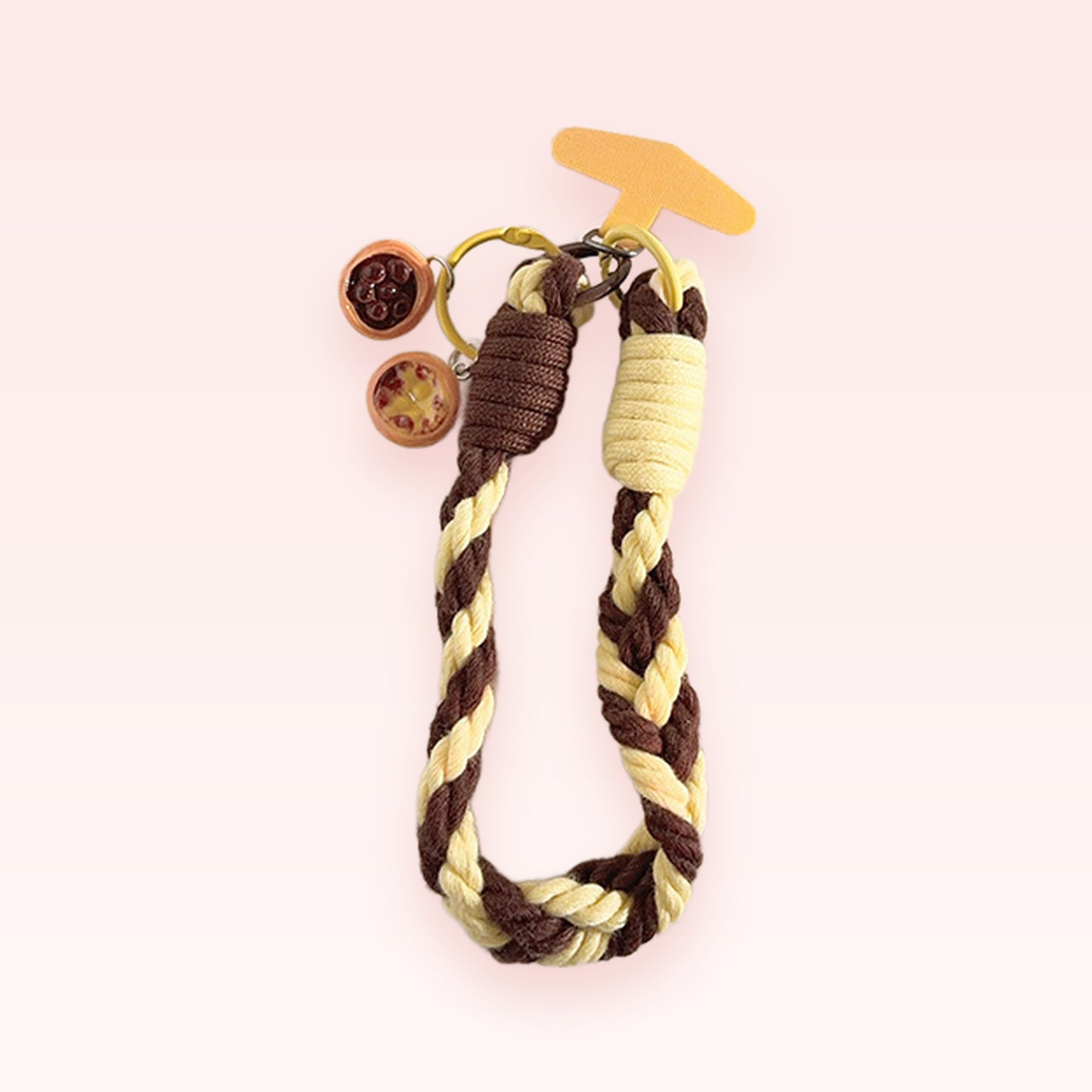 Braided Brown & Cream Phone Charm | Cute Wrist Strap with Mini Food Charms