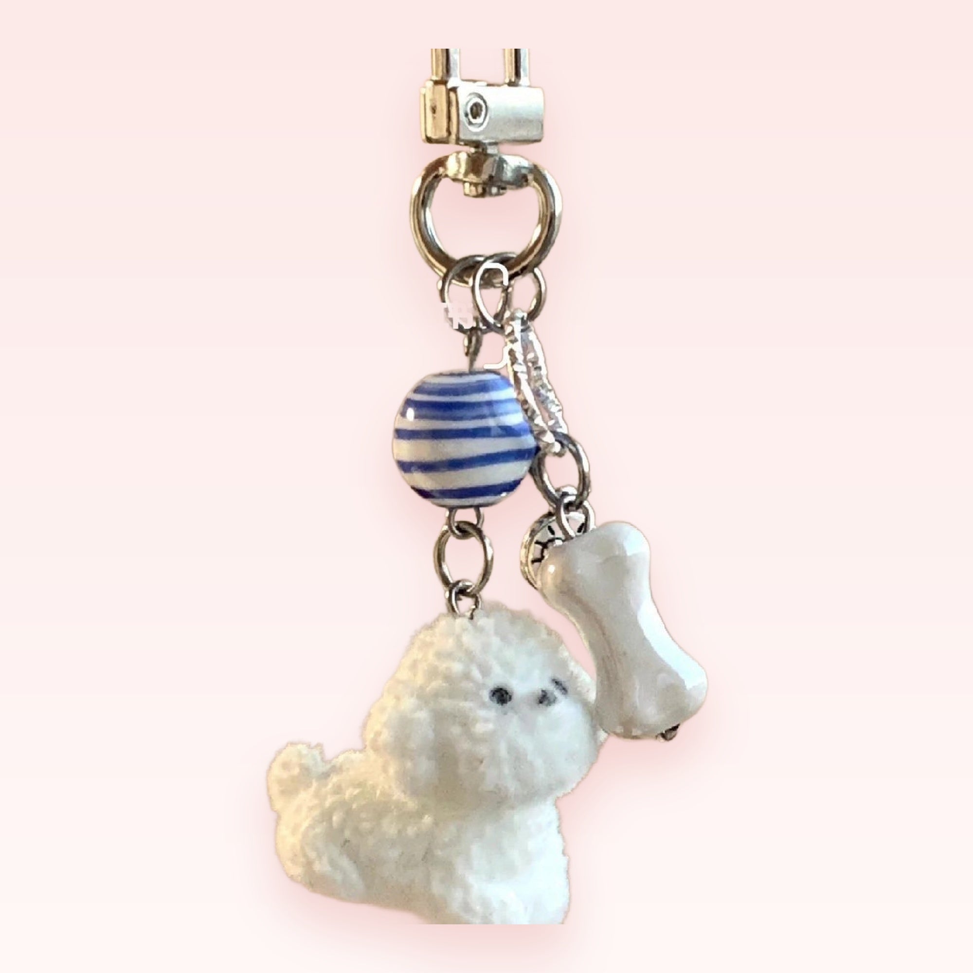 Cute White Poodle & Bone Phone Charm | Blue Striped Bead Keychain