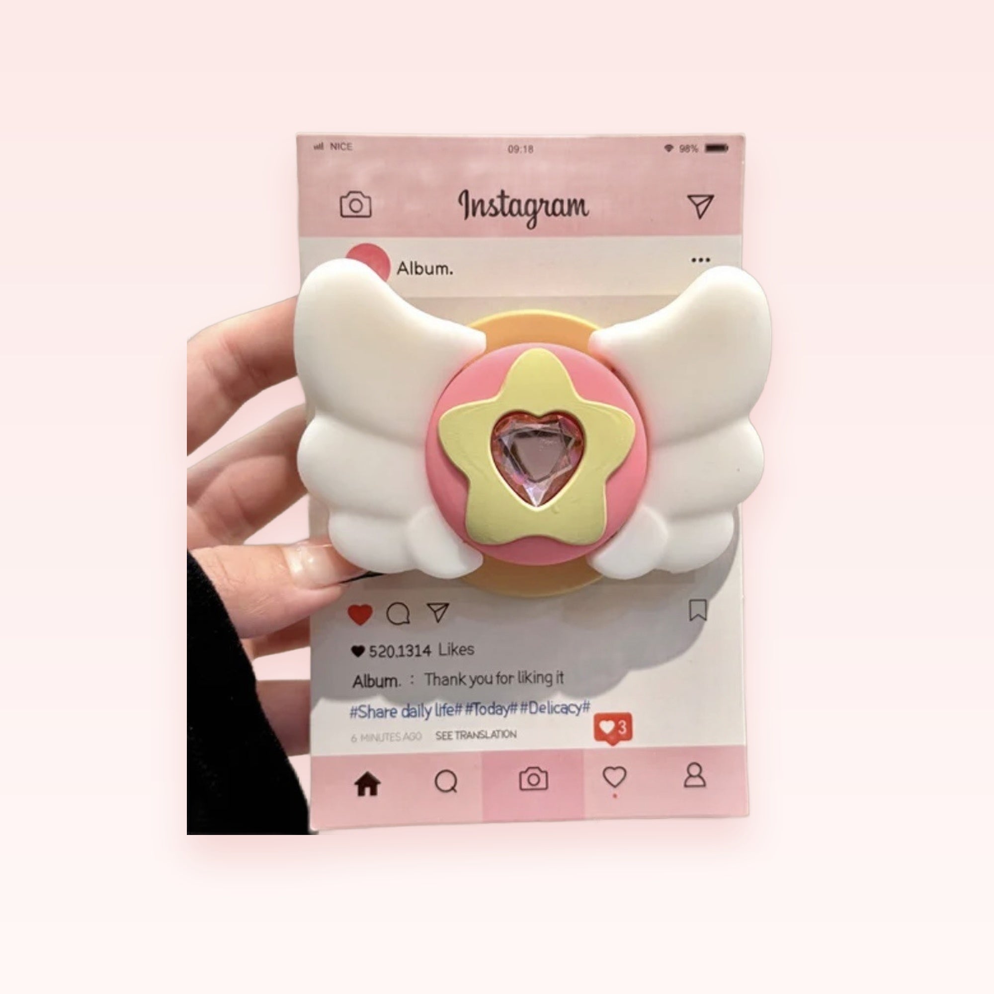 Kawaii Angel Wing Star Phone Grip | Pink Heart Gem Pop Socket Stand