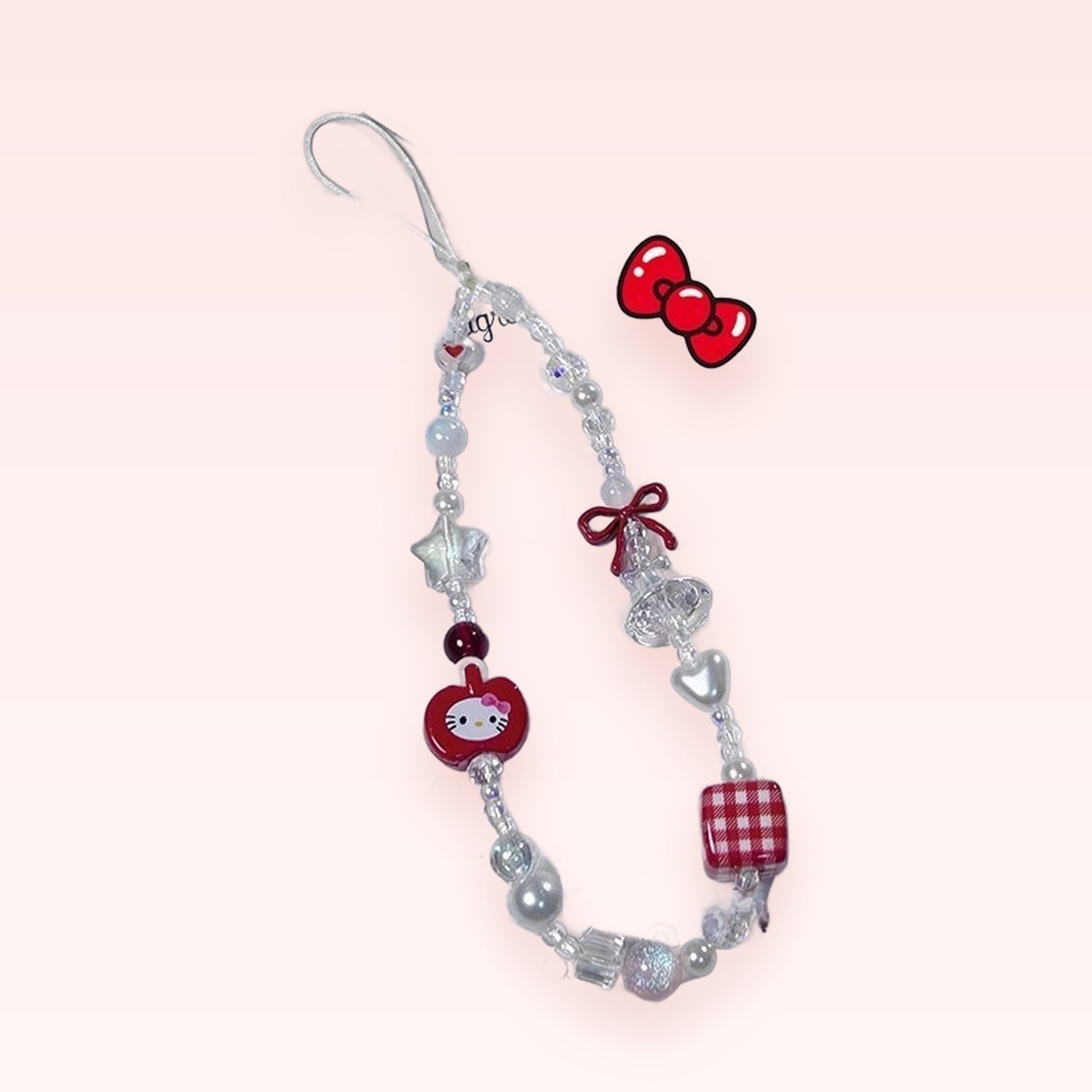 Kawaii Hello Kitty Apple & Gingham Beaded Phone Charm | Cute Red & White Wrist Strap