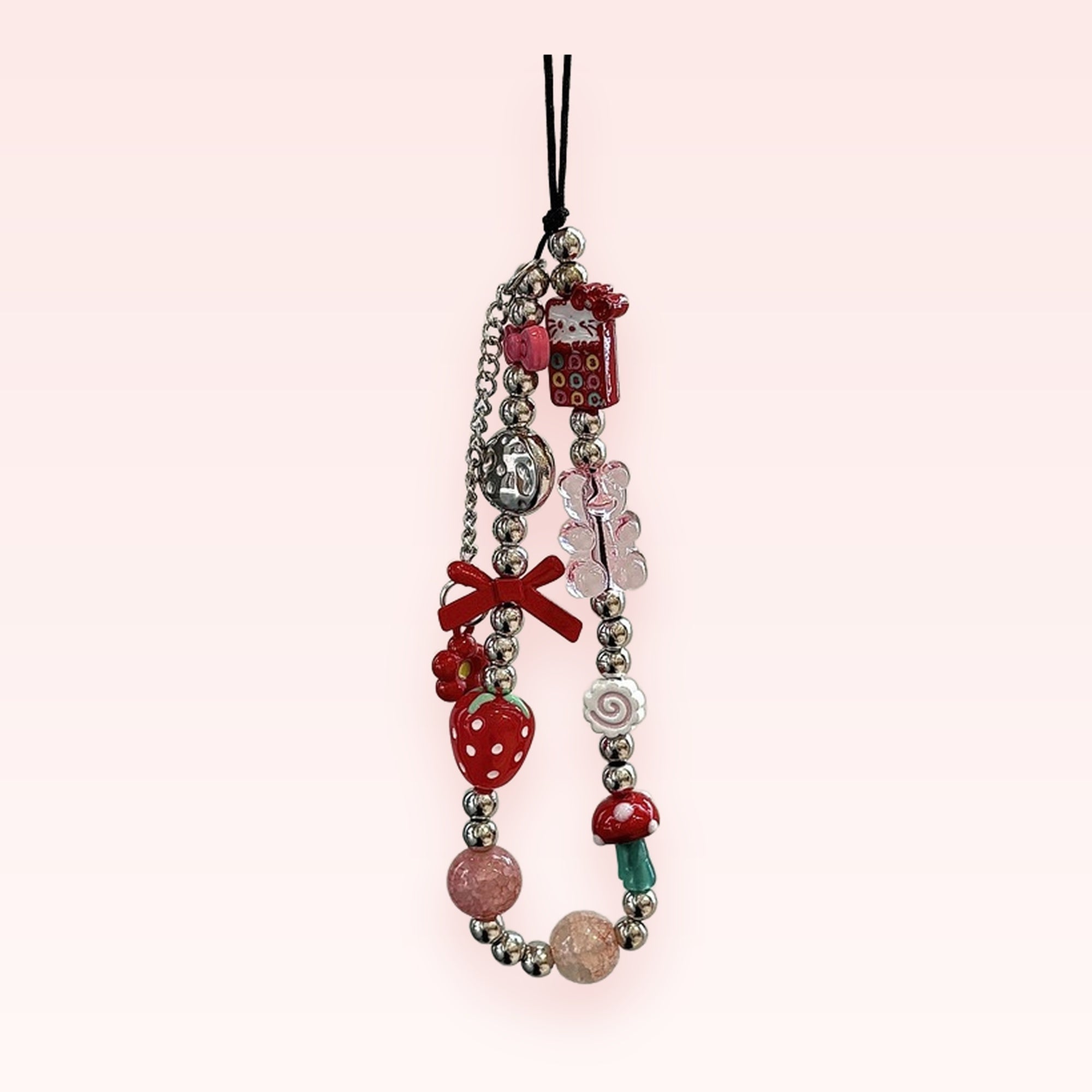 Kawaii Red Strawberry & Hello Kitty Beaded Phone Charm | Aesthetic Y2K Phone Strap