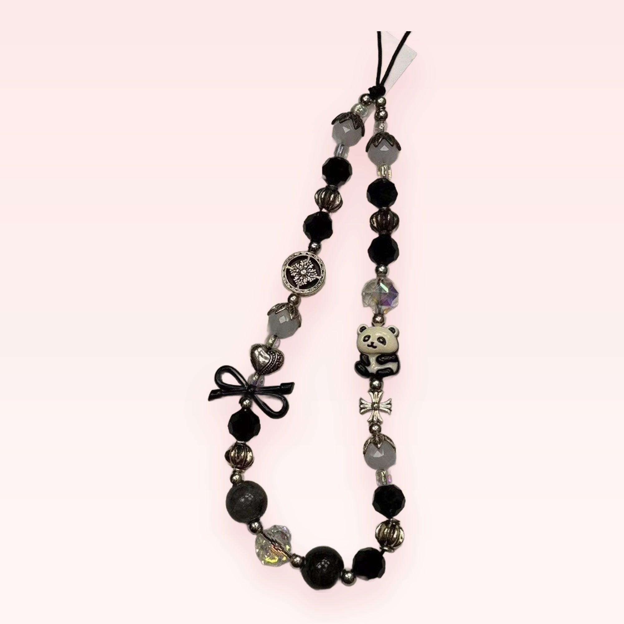 Black & White Beaded Panda Phone Charm | Aesthetic Snowflake & Bow Wrist Strap