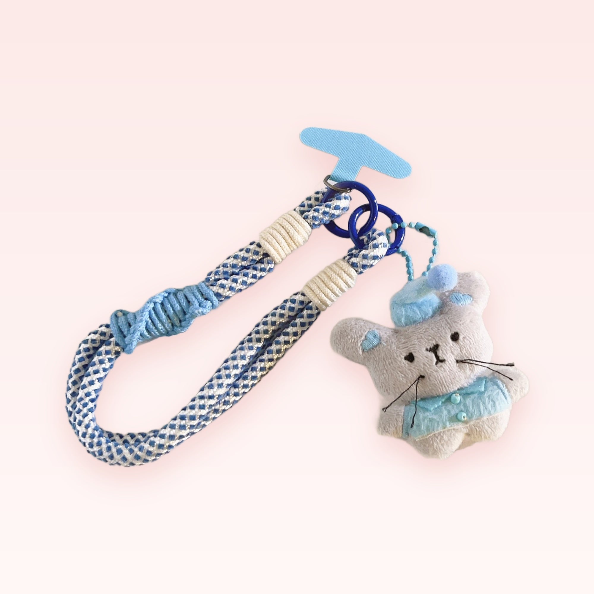 Cute Blue & White Braided Phone Charm | Kawaii Mouse Wrist Lanyard