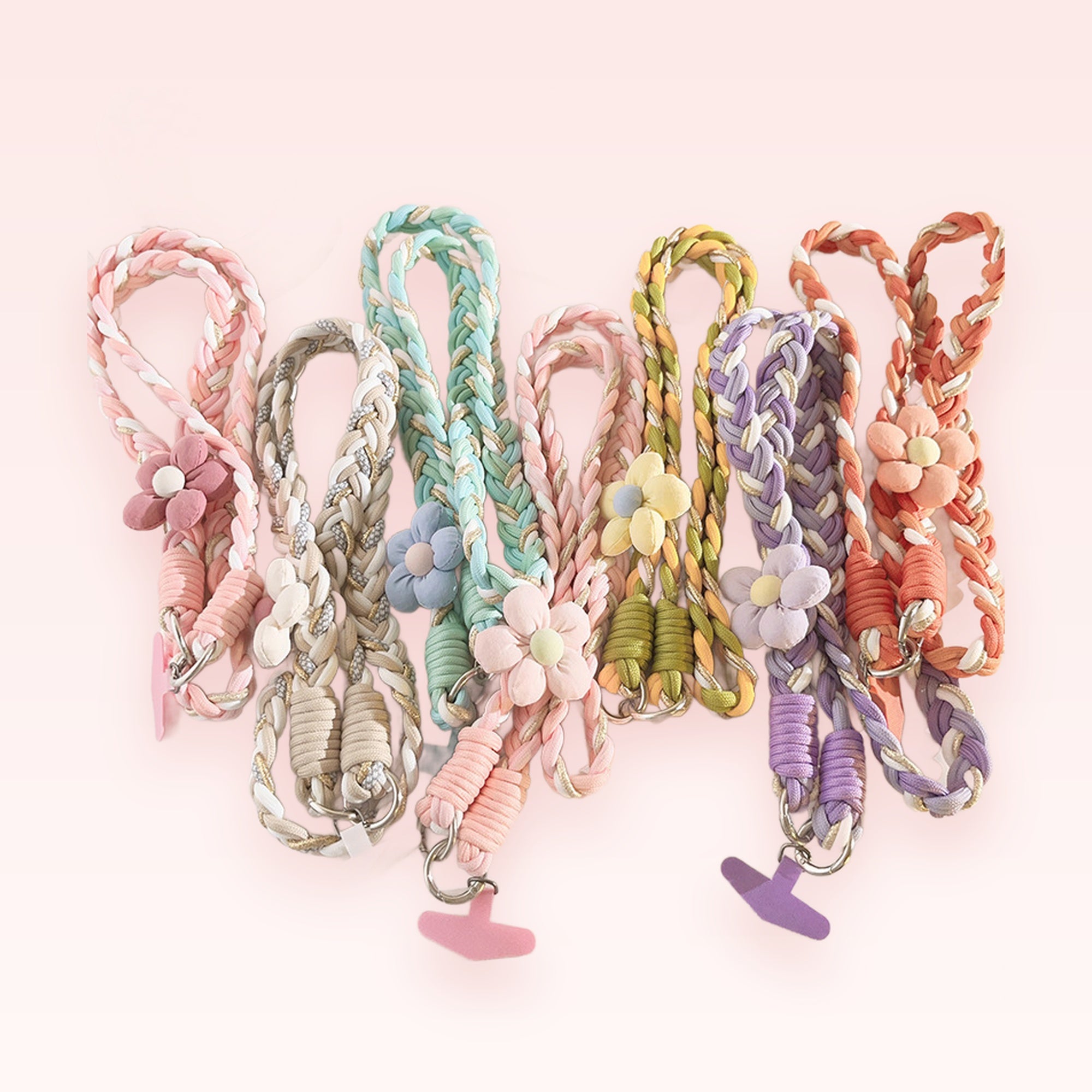 Braided Floral Phone Charm Wristlet | Pastel Woven Lanyard with Flower Accents