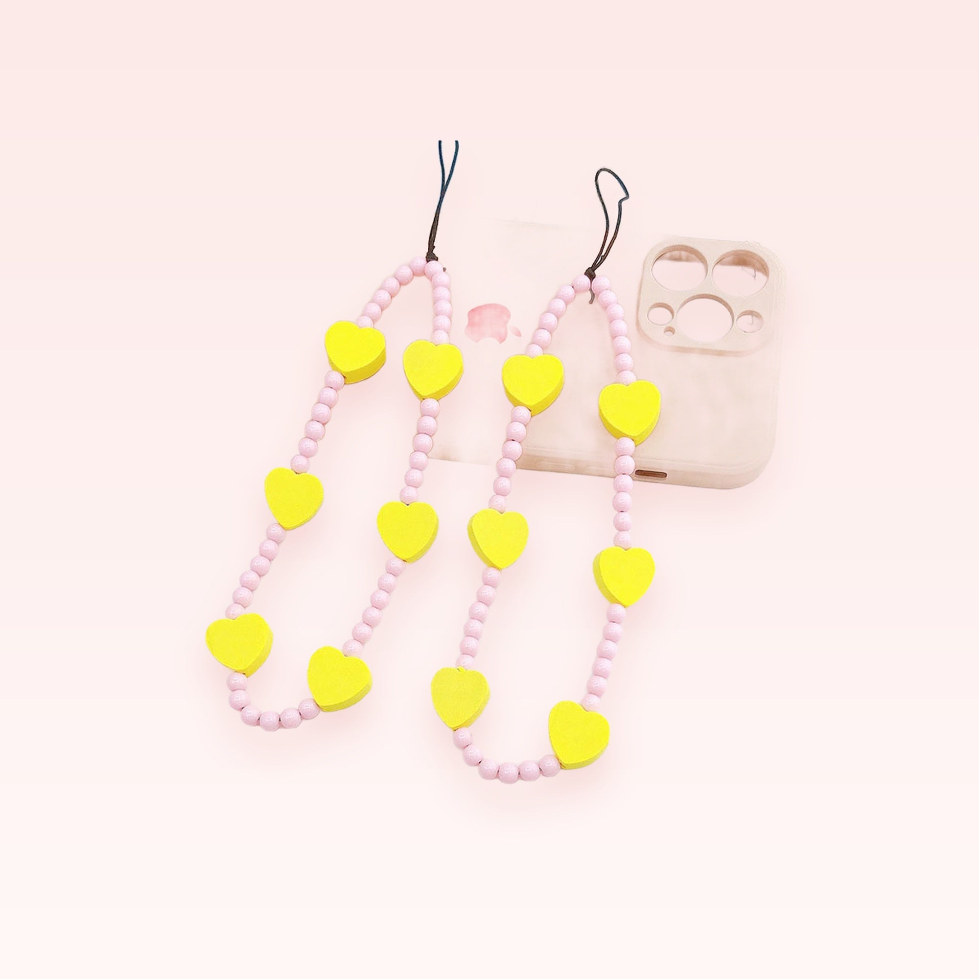 Aesthetic Yellow Heart & Pink Beaded Phone Charm | Cute Wrist Strap Lanyard