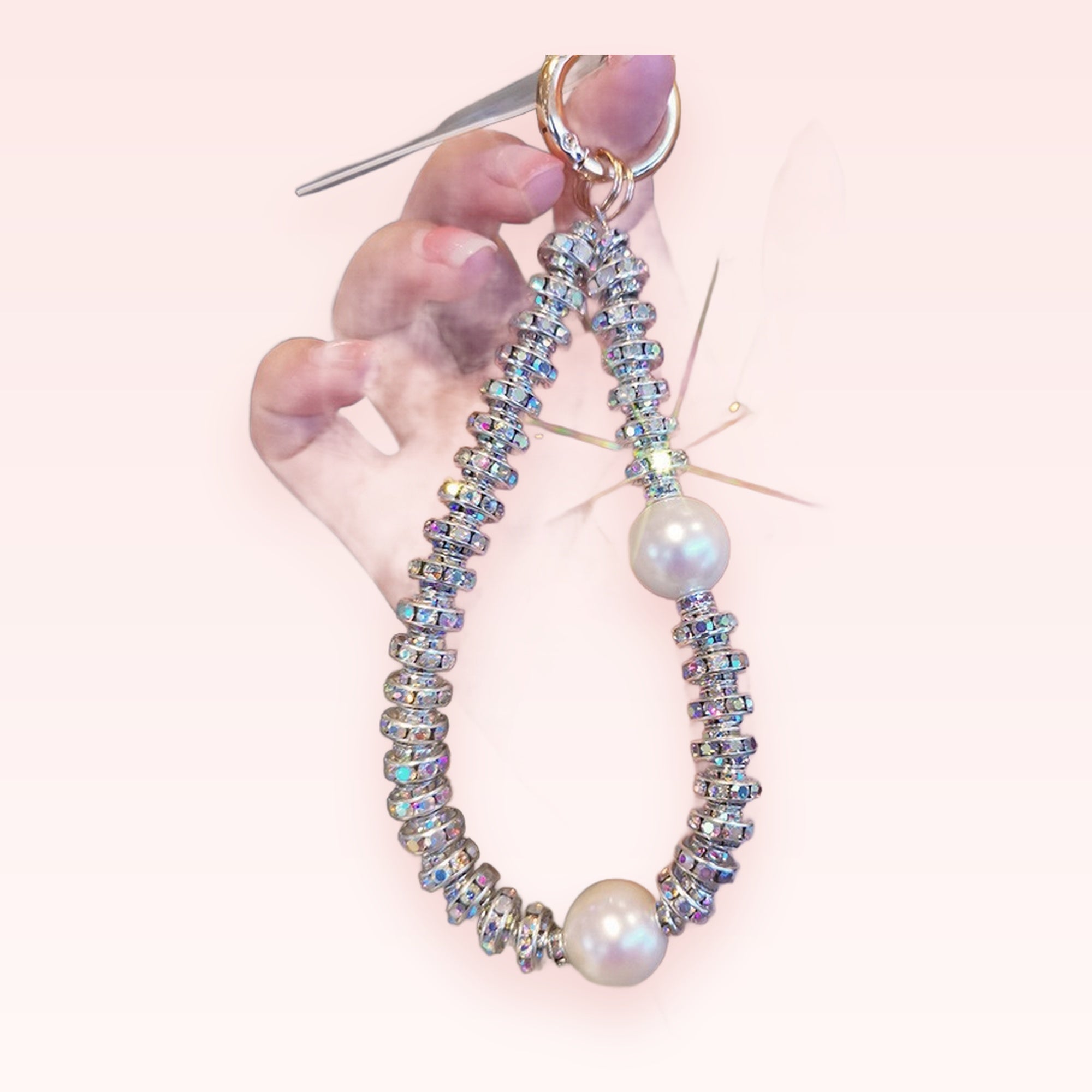 Sparkling Crystal & Pearl Phone Charm | Aesthetic Beaded Wrist Strap