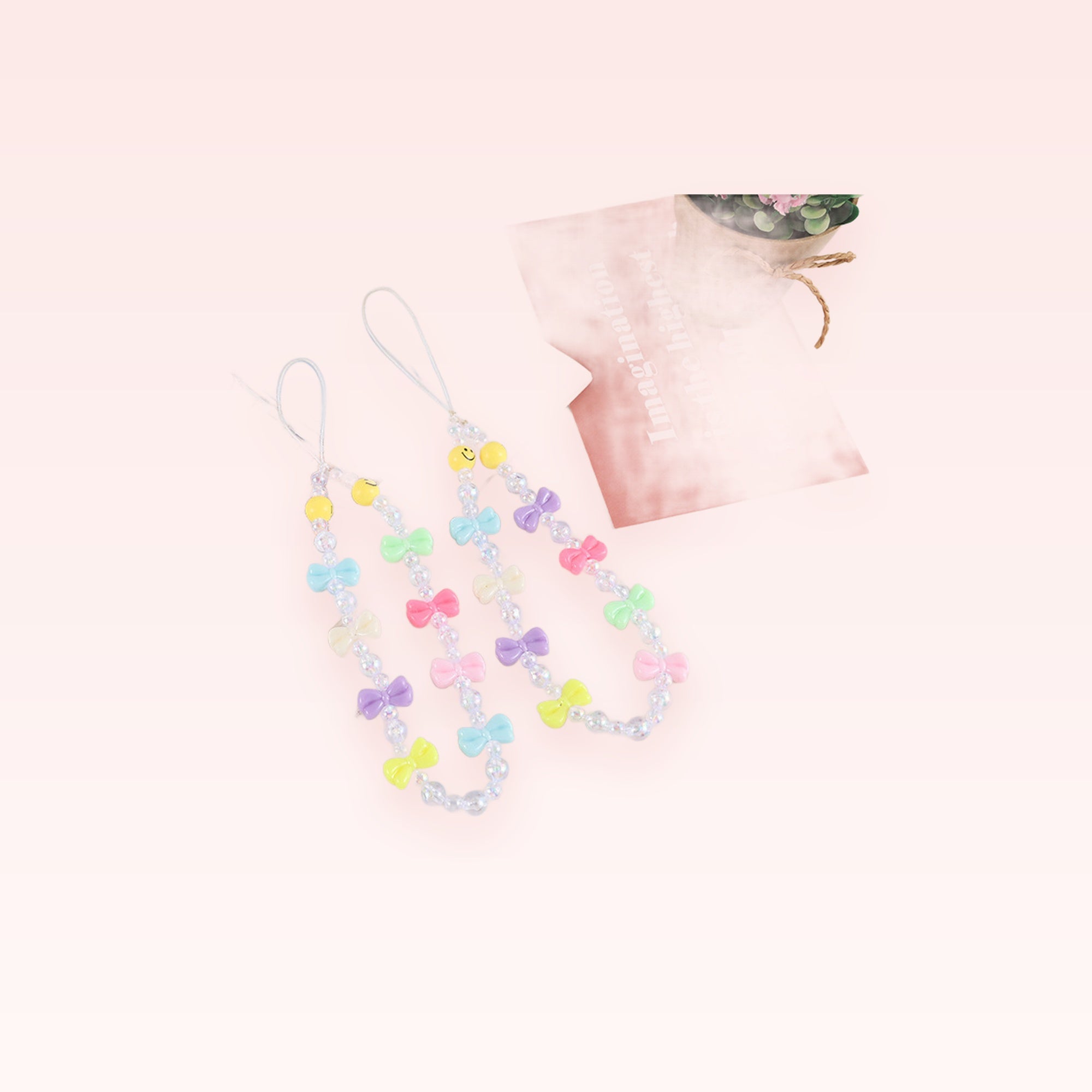Kawaii Pastel Bow Phone Charm Strap | Beaded Wrist Lanyard