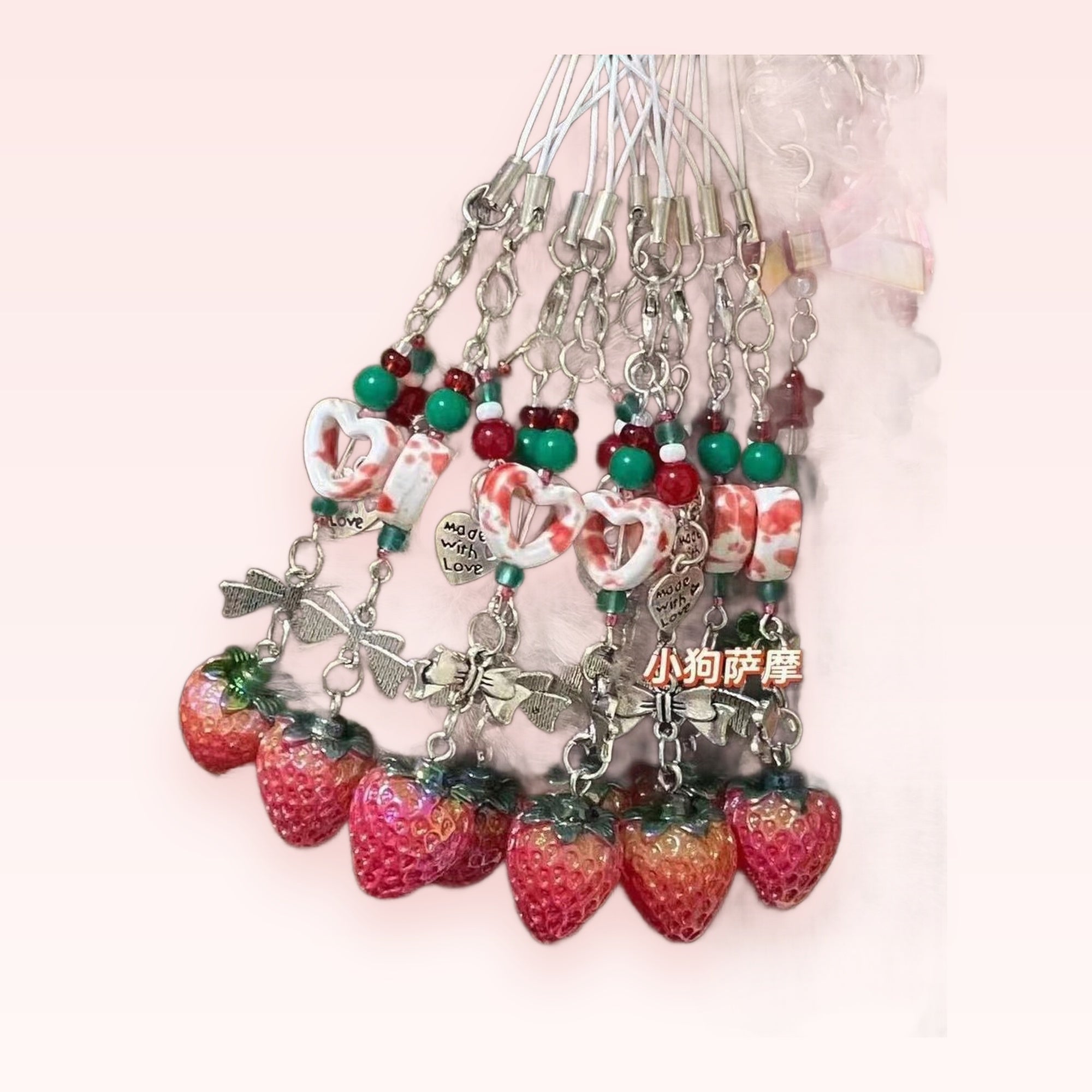 Kawaii Strawberry & Heart Phone Charm | Cute Beaded Wrist Lanyard
