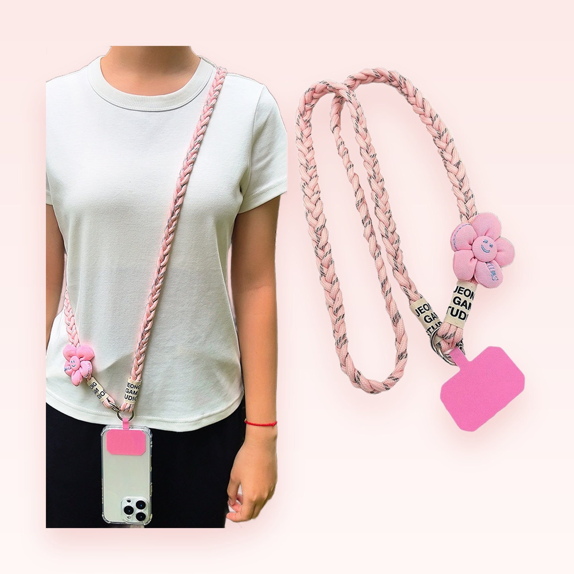 Cute Pink Braided Phone Lanyard | Kawaii Flower Crossbody Phone Strap