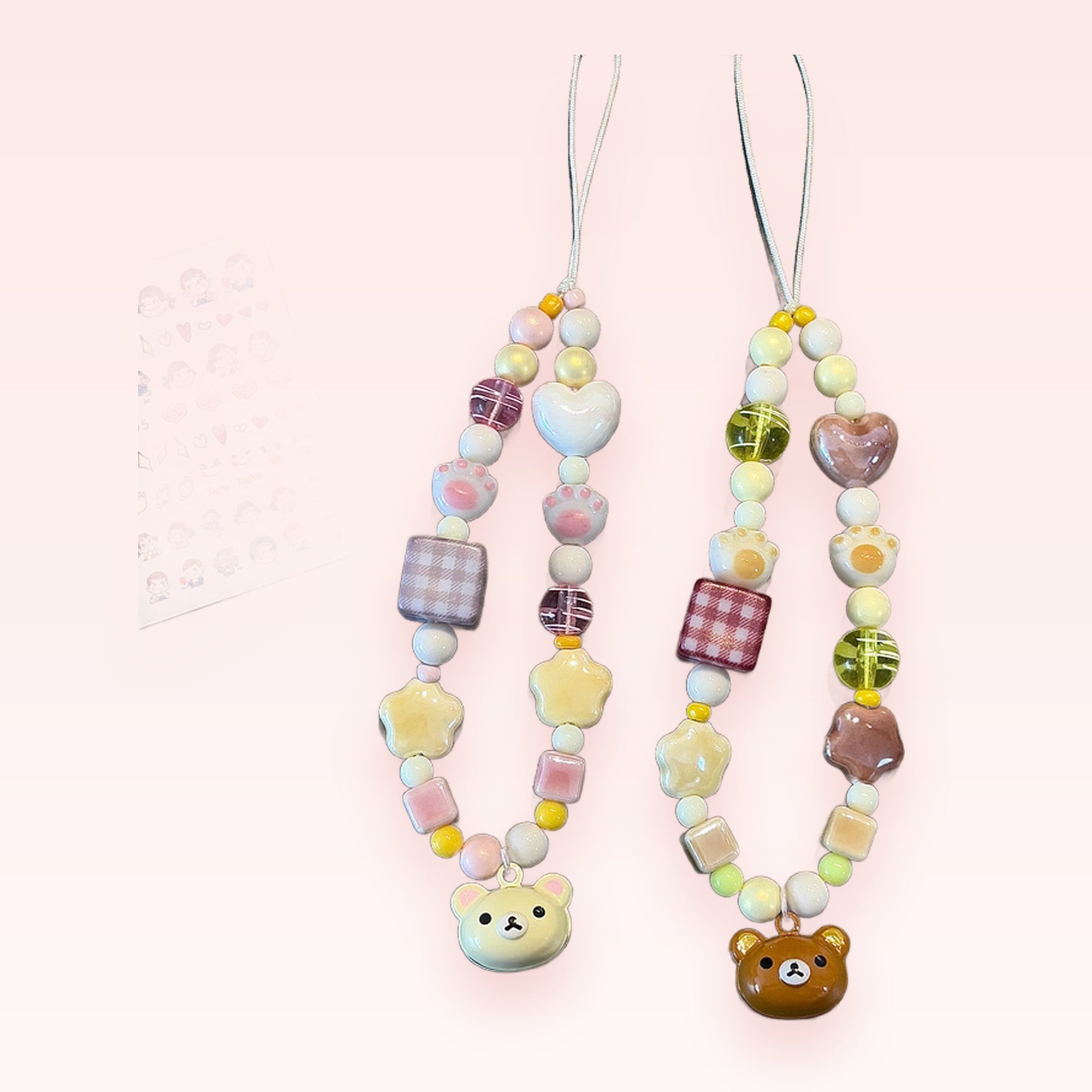 Kawaii Pastel Beaded Phone Charm Strap | Cute Bear & Paw Print Wrist Lanyard
