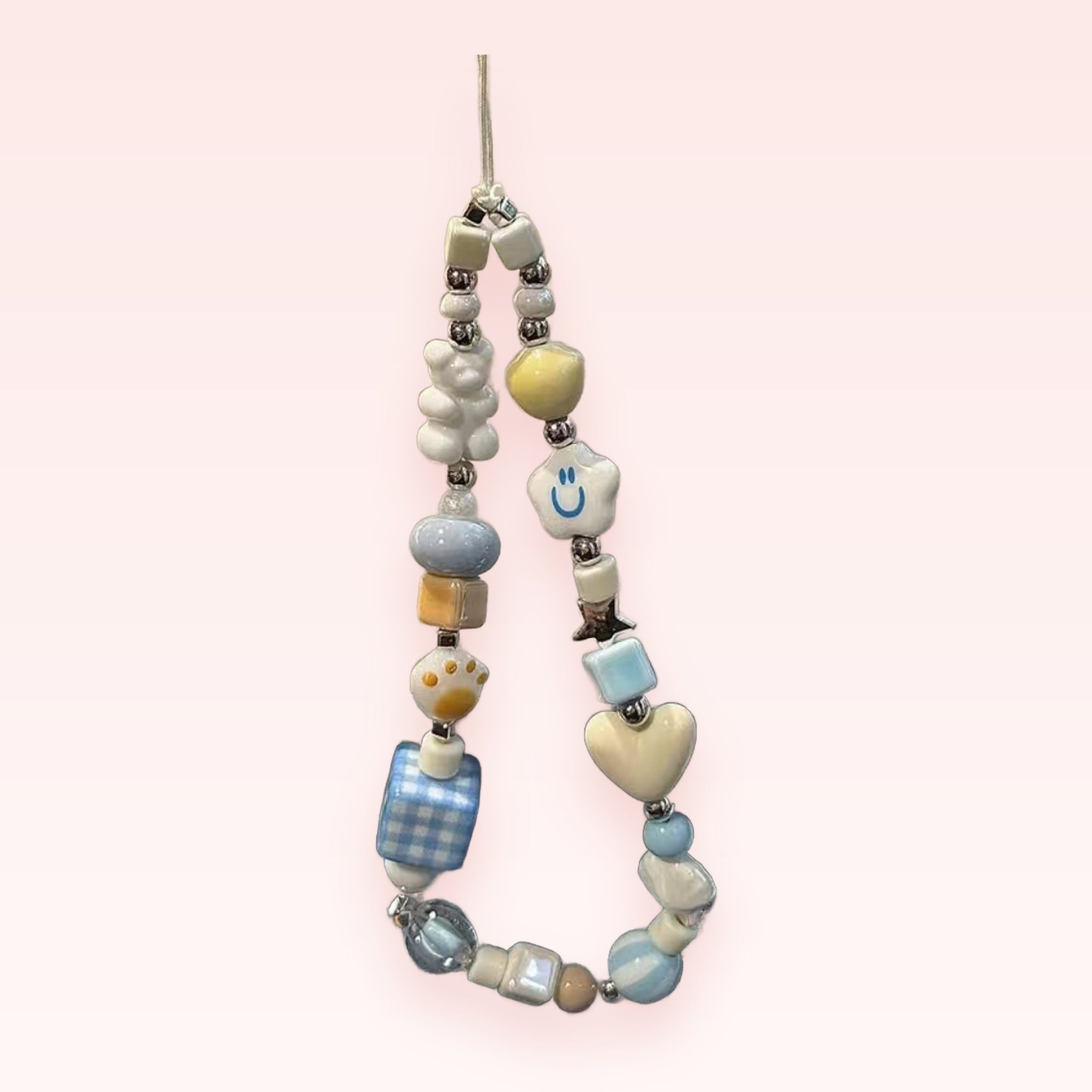 Kawaii Pastel Beaded Phone Charm Strap | Cute Bear & Smiley Face Wrist Lanyard