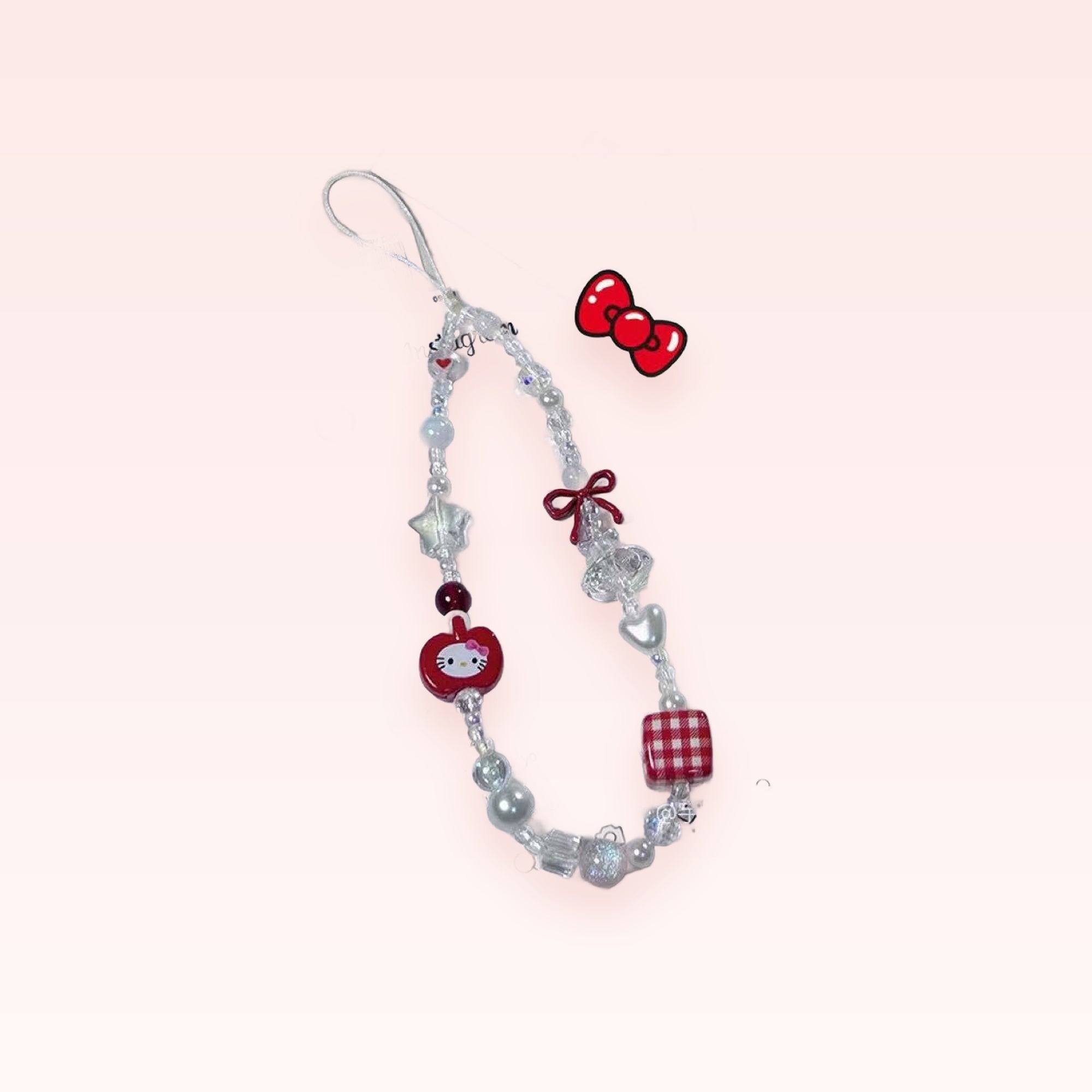 Kawaii Hello Kitty Apple & Bow Phone Charm Strap | Red Plaid Beaded Wrist Lanyard