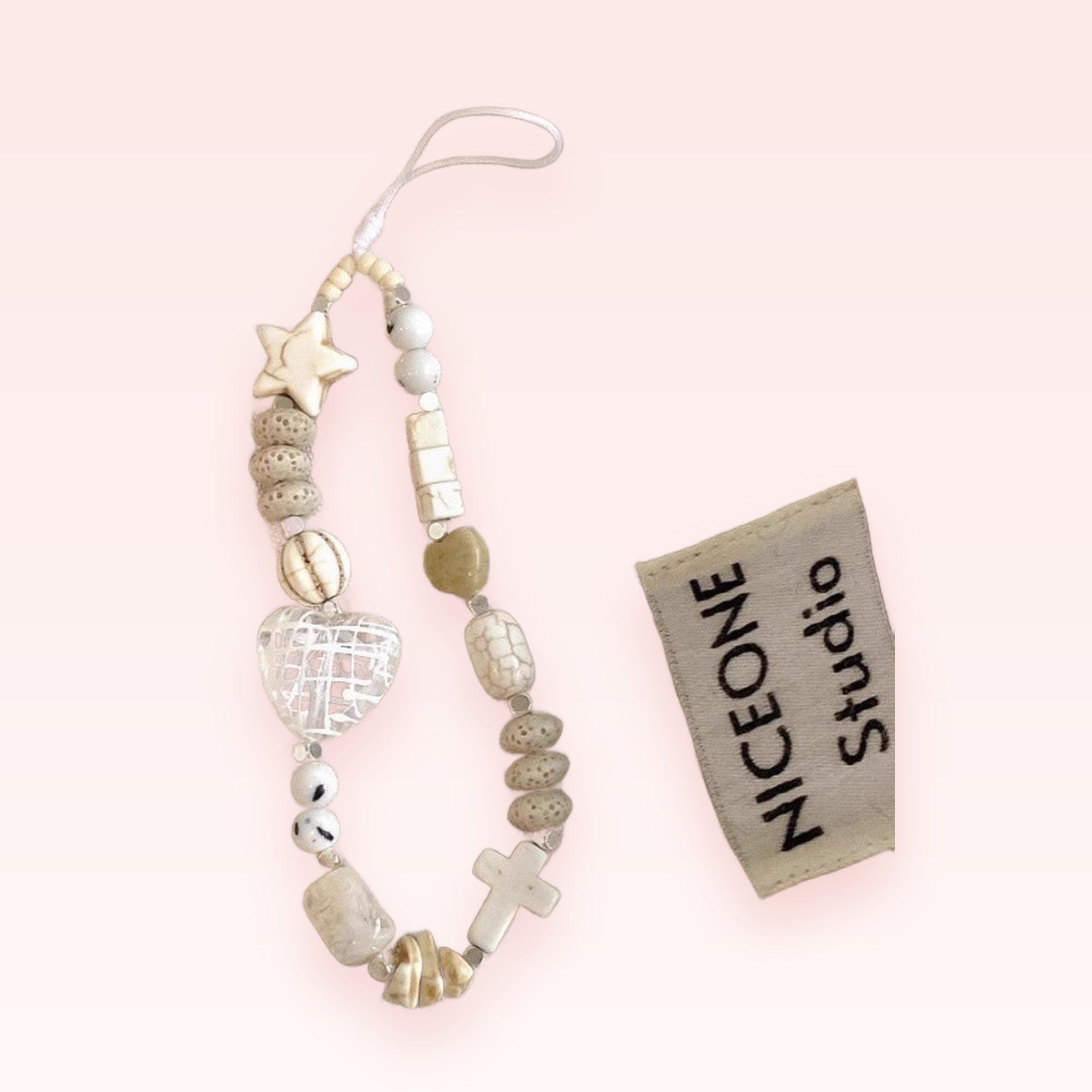 Aesthetic Neutral Beaded Phone Charm | Earthy Tone Star Heart Cross Strap