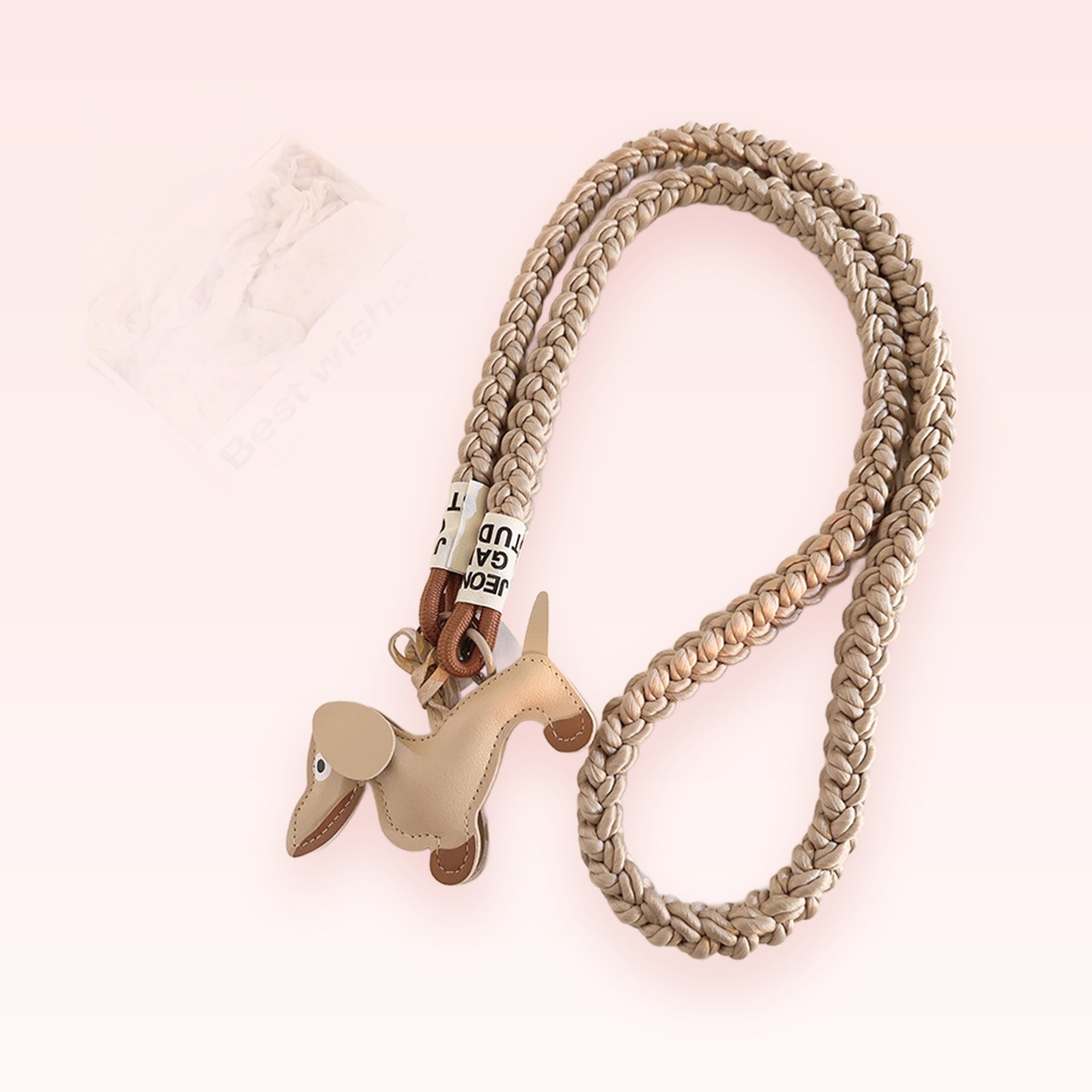 Cute Braided Leather Dachshund Phone Charm Lanyard | Beige Doggy Wrist Strap
