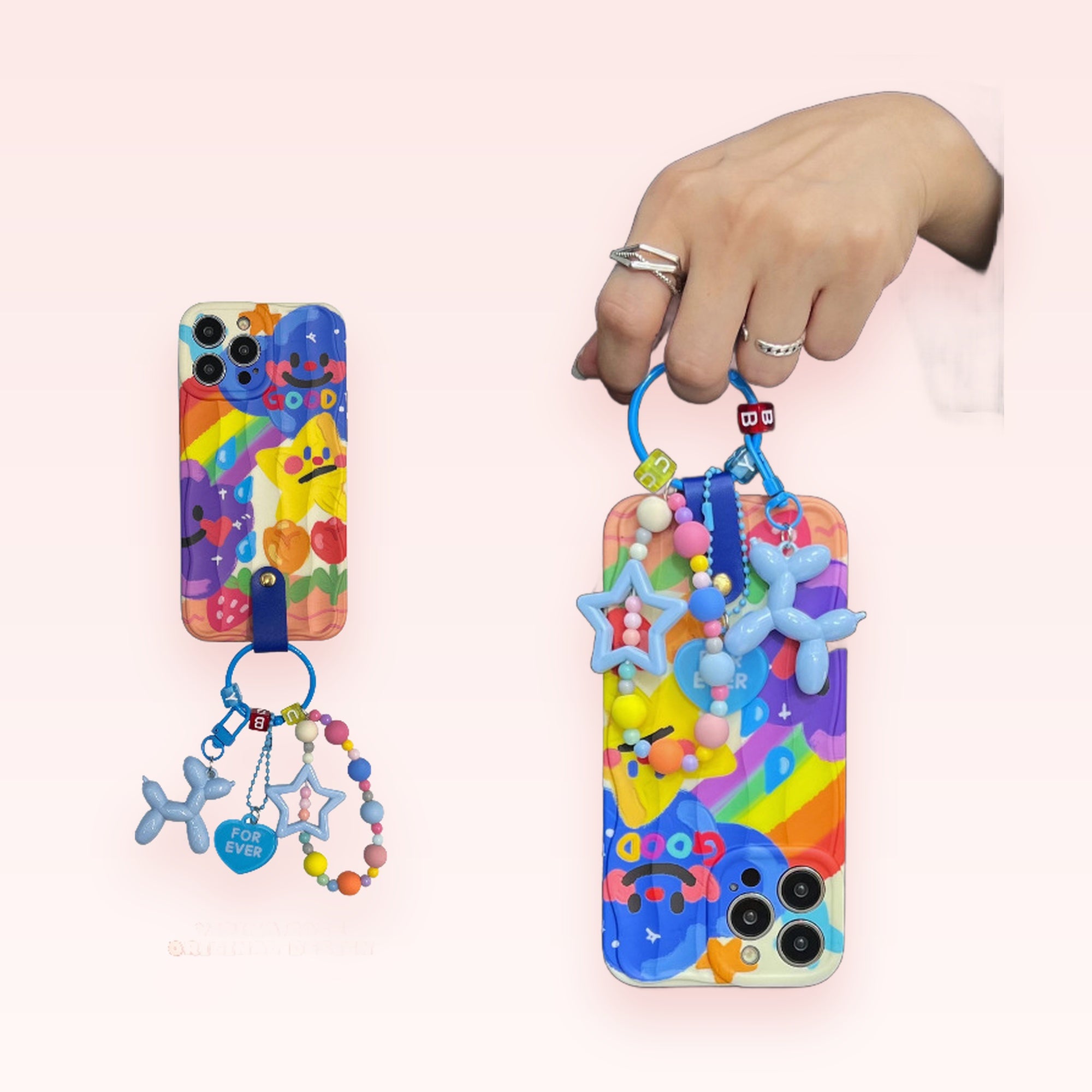 Kawaii Rainbow Doodle Phone Charm Strap | Cute Balloon Dog & Star Beaded Lanyard