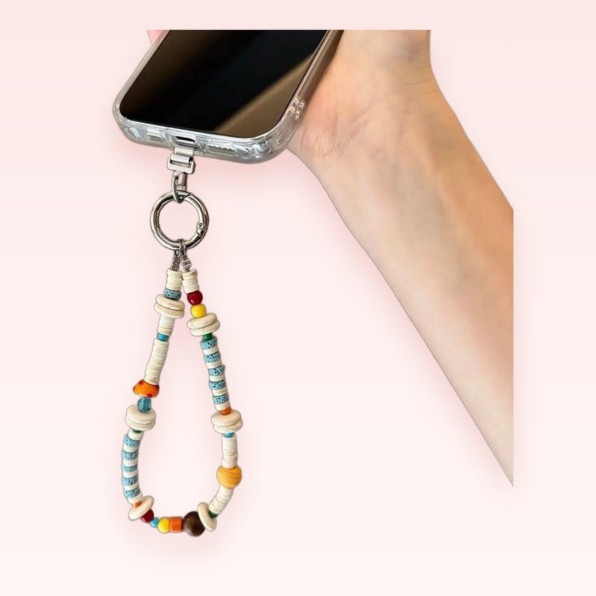 Aesthetic Beaded Phone Charm Strap | Colorful Clay & Shell Wrist Lanyard