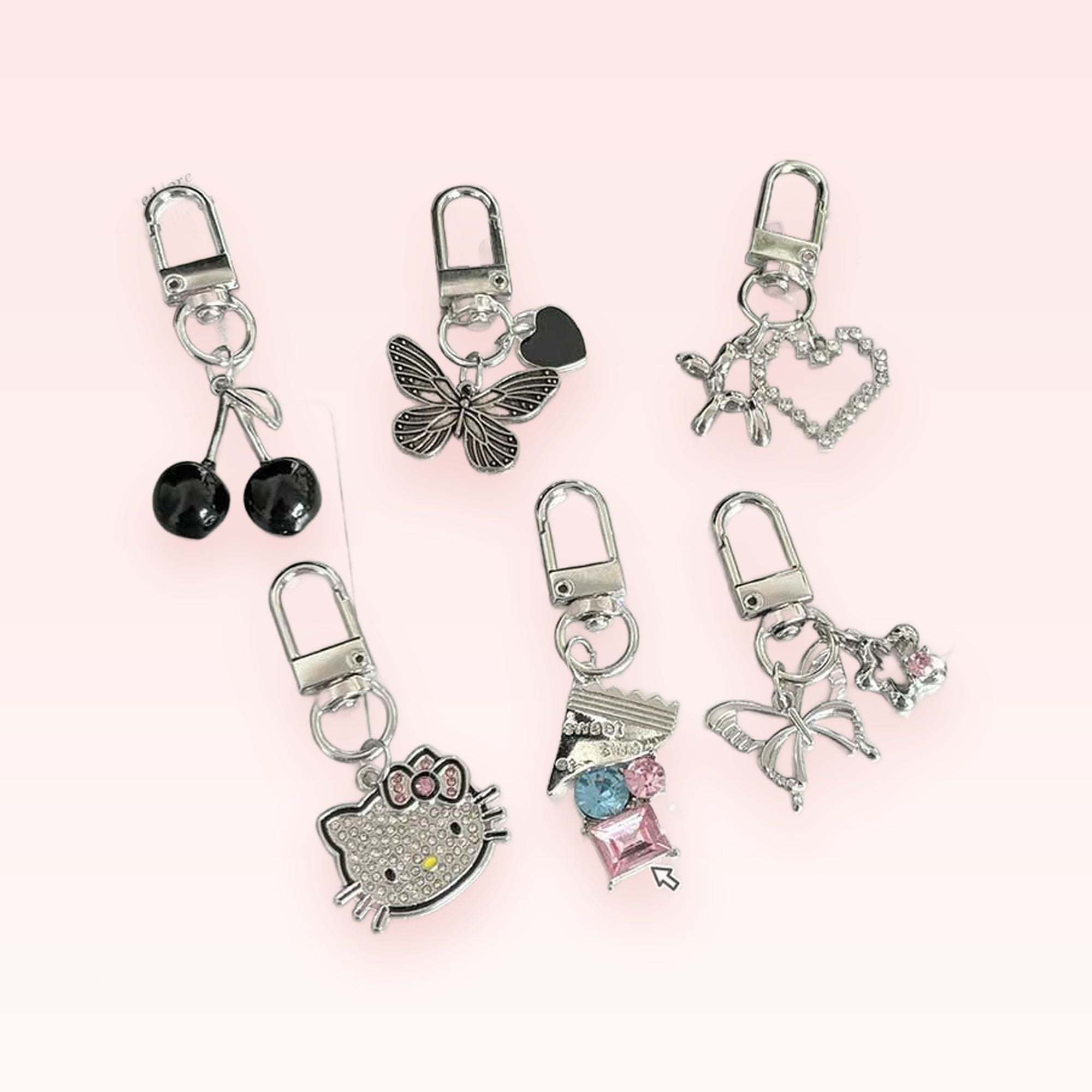 Y2K Silver Charm Phone Charm Set | Kawaii Butterfly Cherry Hello Kitty Charms