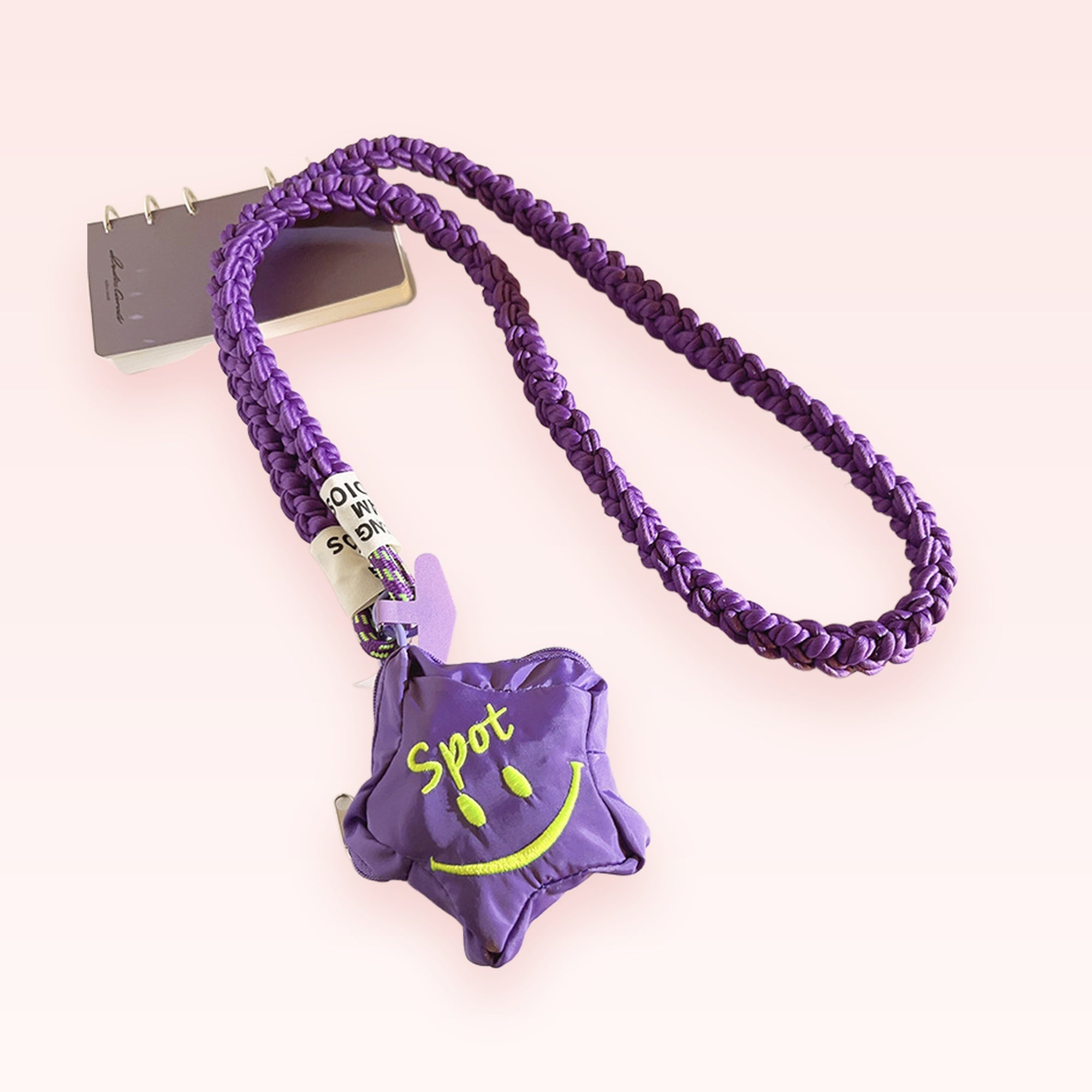 Y2K Braided Purple Lanyard Phone Charm | Cute Star Smiley Face Mini Pouch