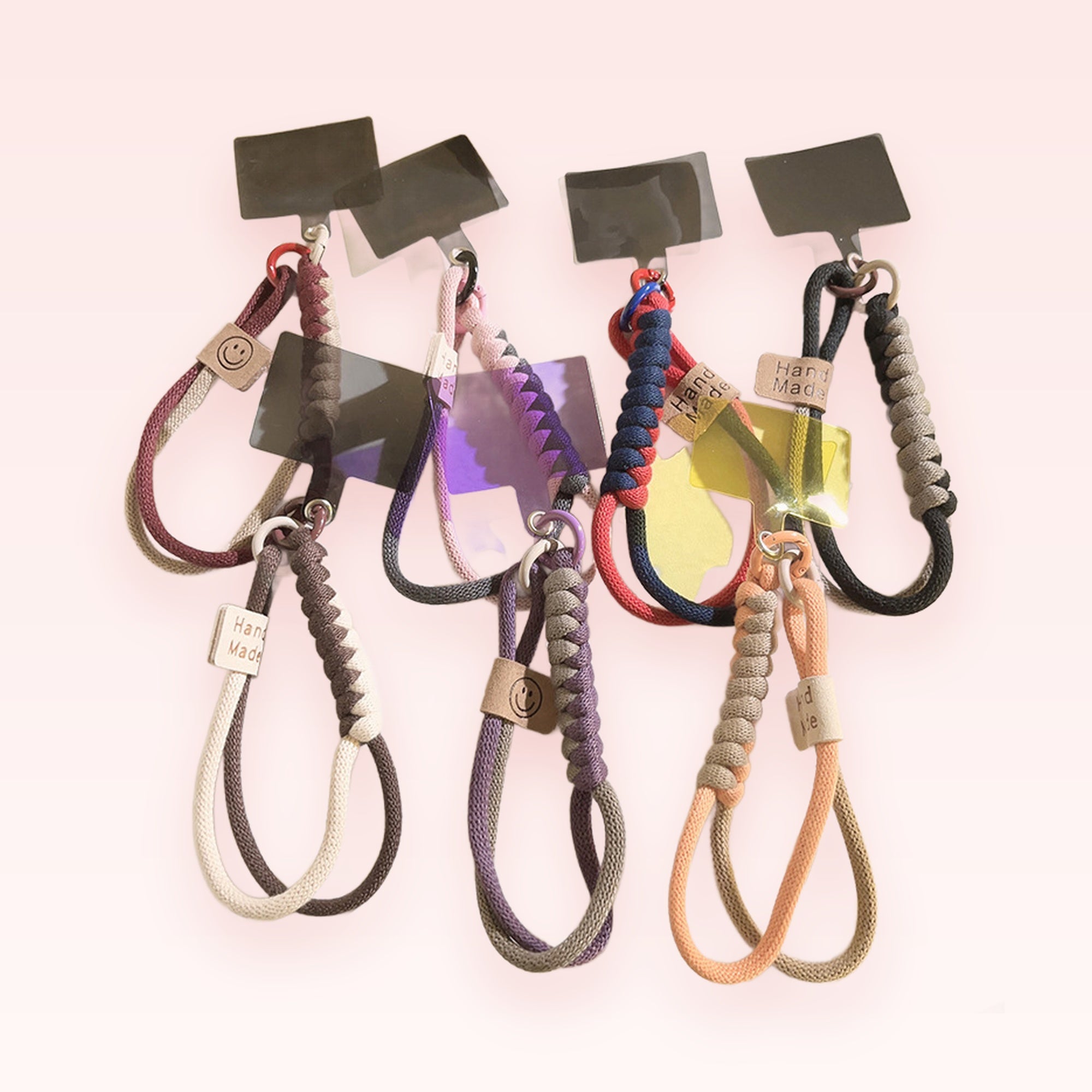Aesthetic Braided Wrist Phone Charm Strap | Handmade Colorful Lanyard with Smiley Face Tag