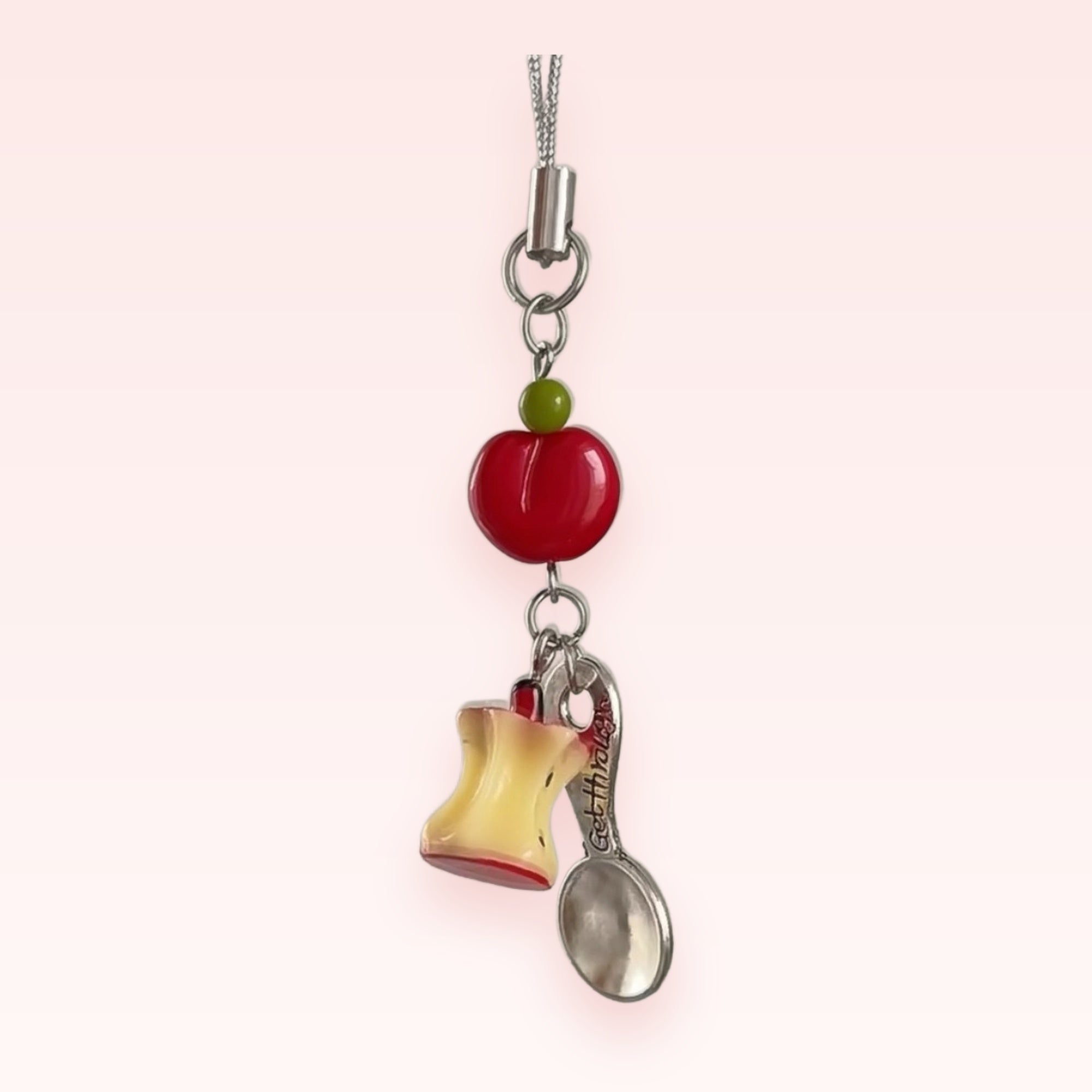 Cute Apple Core & Spoon Phone Charm | Red Apple Beaded Lanyard