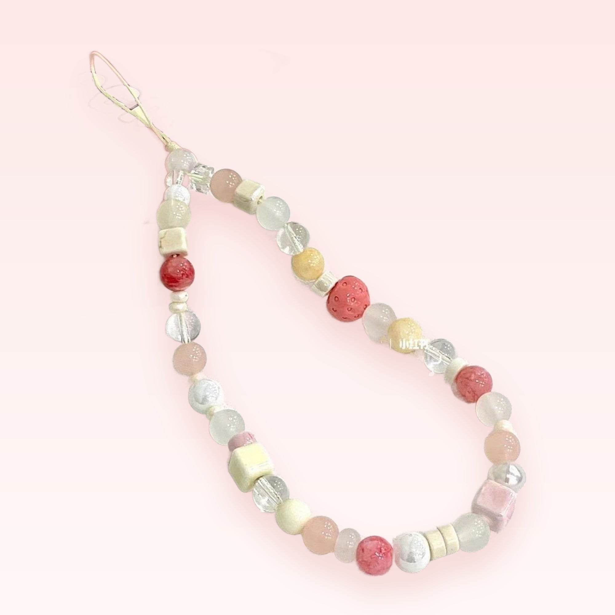 Pastel Beaded Phone Charm Strap | Cute Strawberry & Cube Wrist Lanyard