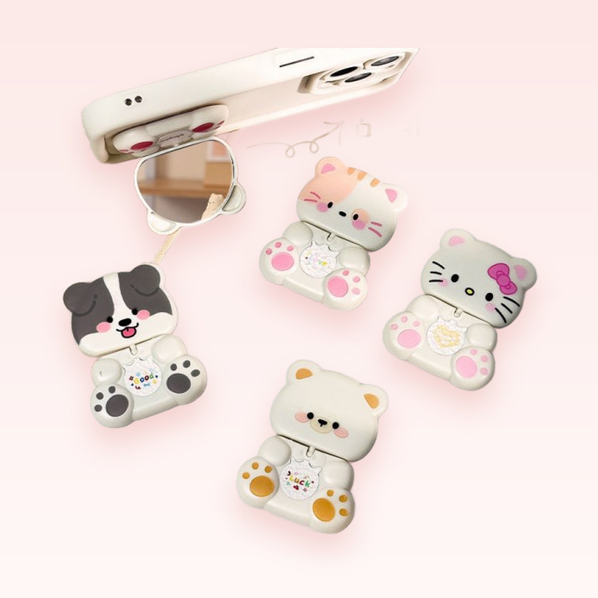 Cute Animal Face Phone Grip with Mirror | Kawaii Foldable Pop Socket Stand