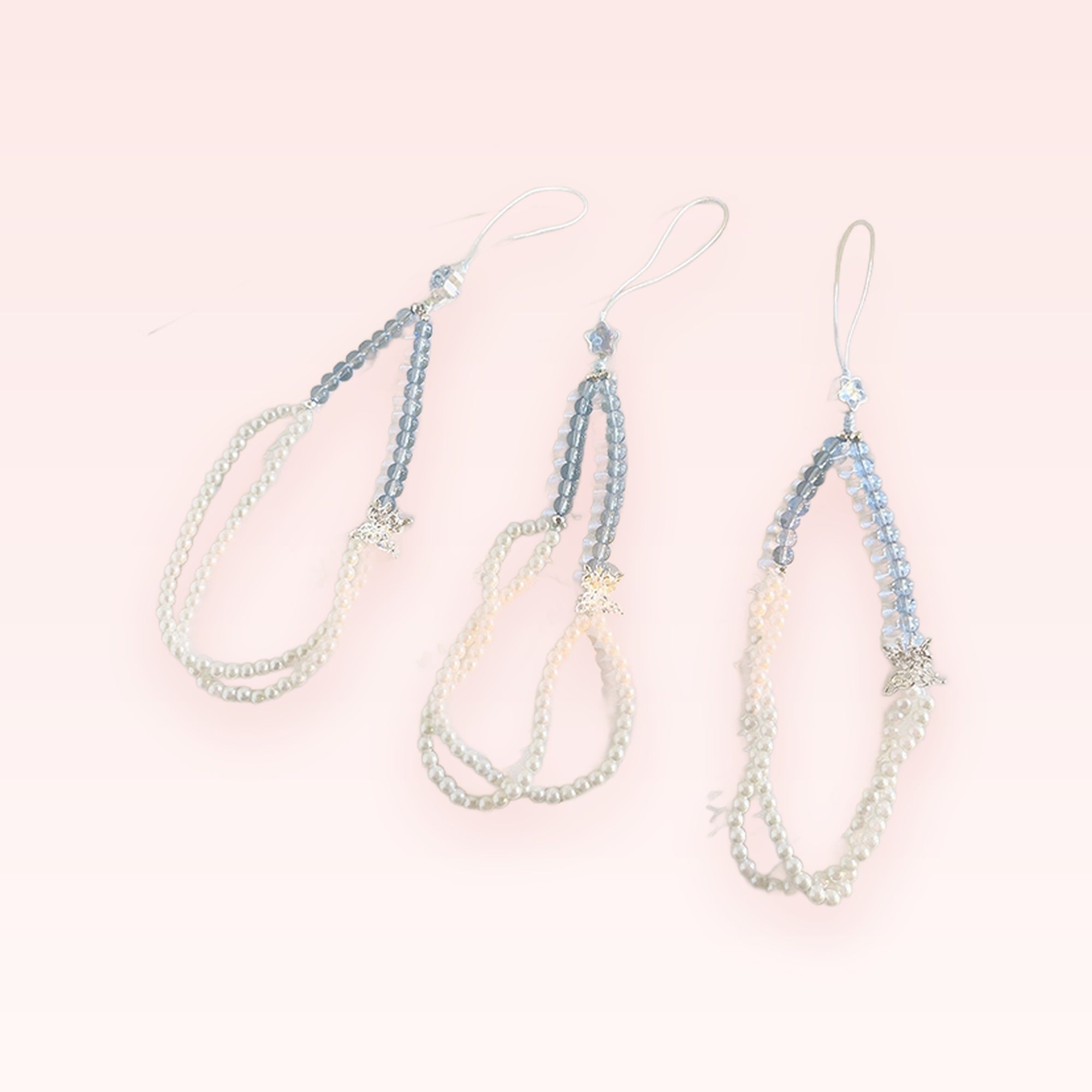 Cute Pearl & Blue Beaded Phone Charm Strap | Aesthetic Star Pendant Wrist Lanyard