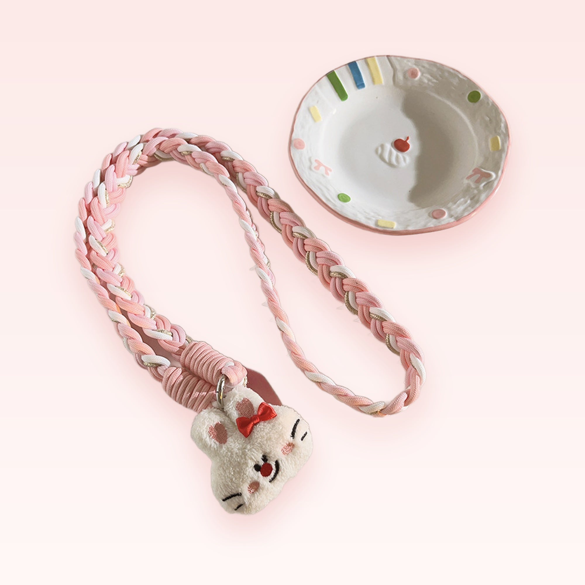 Kawaii Braided Lanyard Phone Charm | Pink & White Bunny Plushie Strap