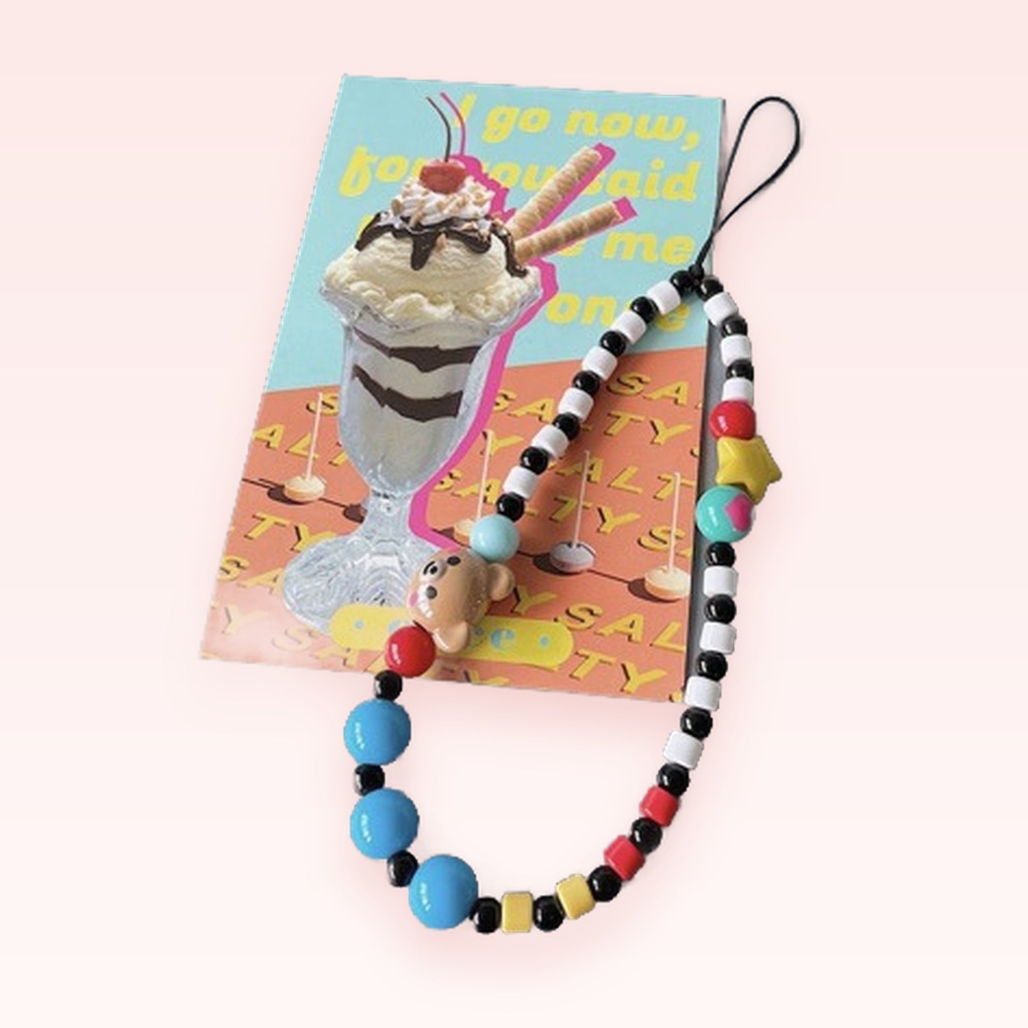 Aesthetic Beaded Phone Charm Strap with Bear & Star Charms | Colorful Y2K Wrist Lanyard