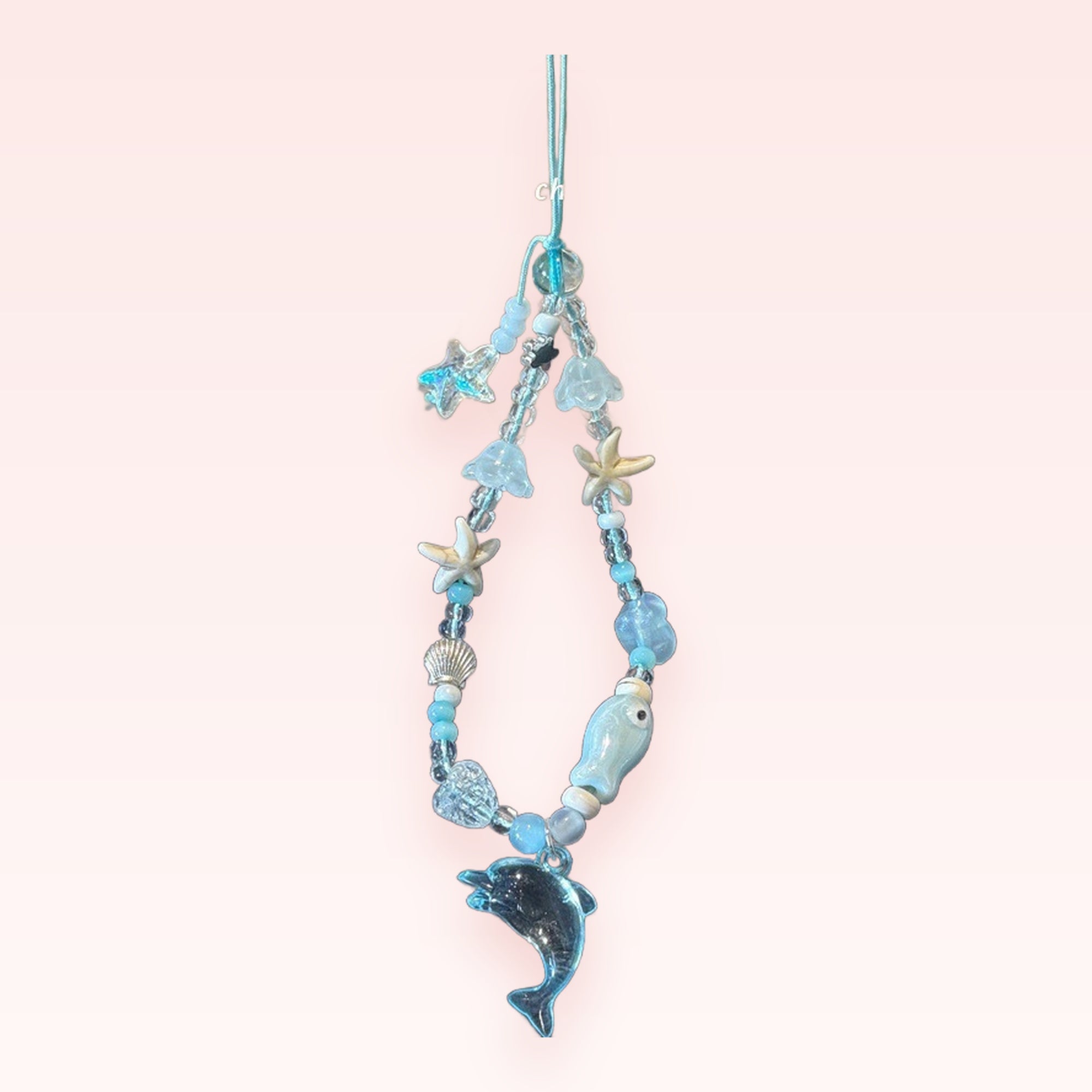 Aesthetic Blue Ocean Beaded Phone Charm | Kawaii Starfish & Dolphin Wrist Strap