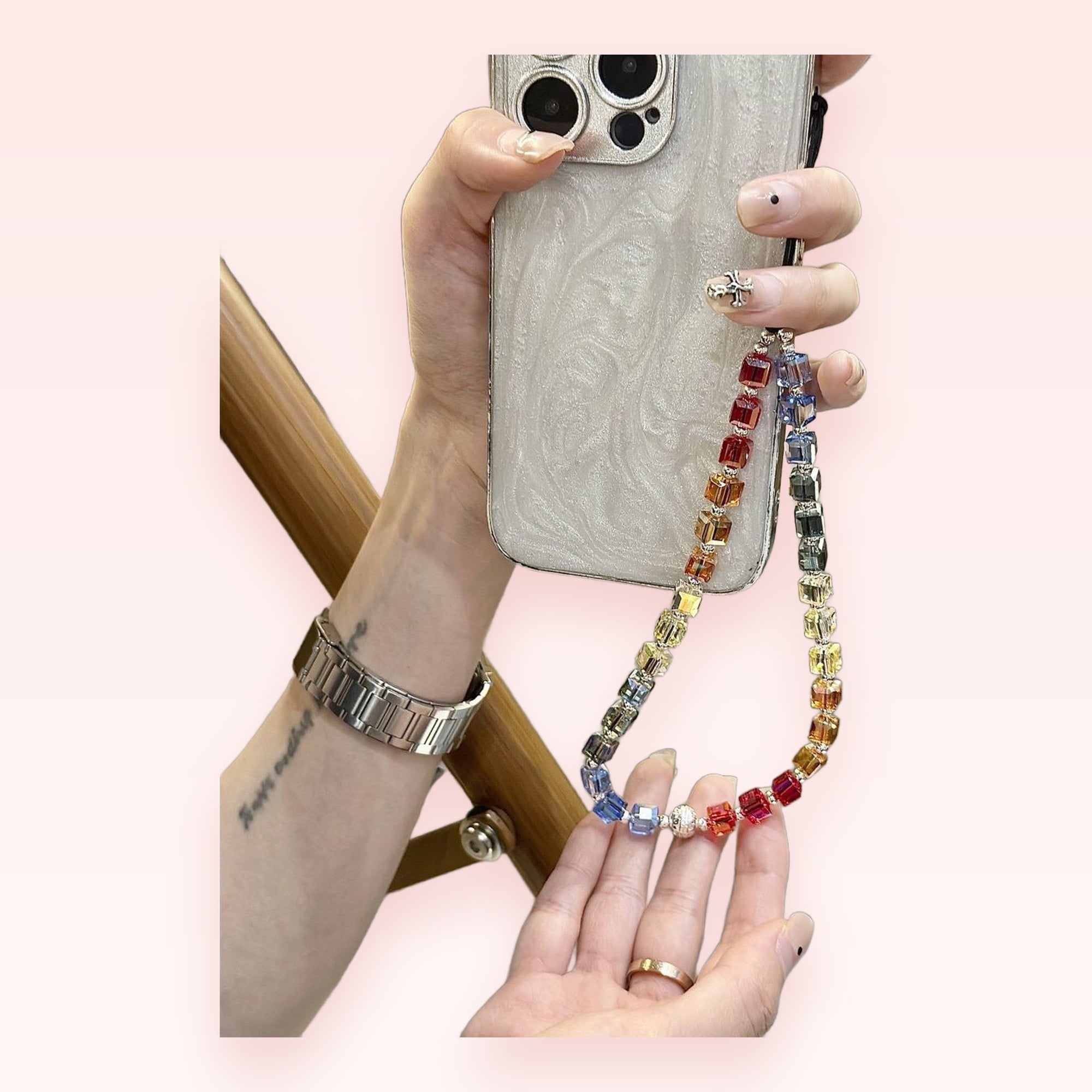 Aesthetic Rainbow Cube Crystal Phone Charm | Colorful Beaded Wrist Strap Lanyard