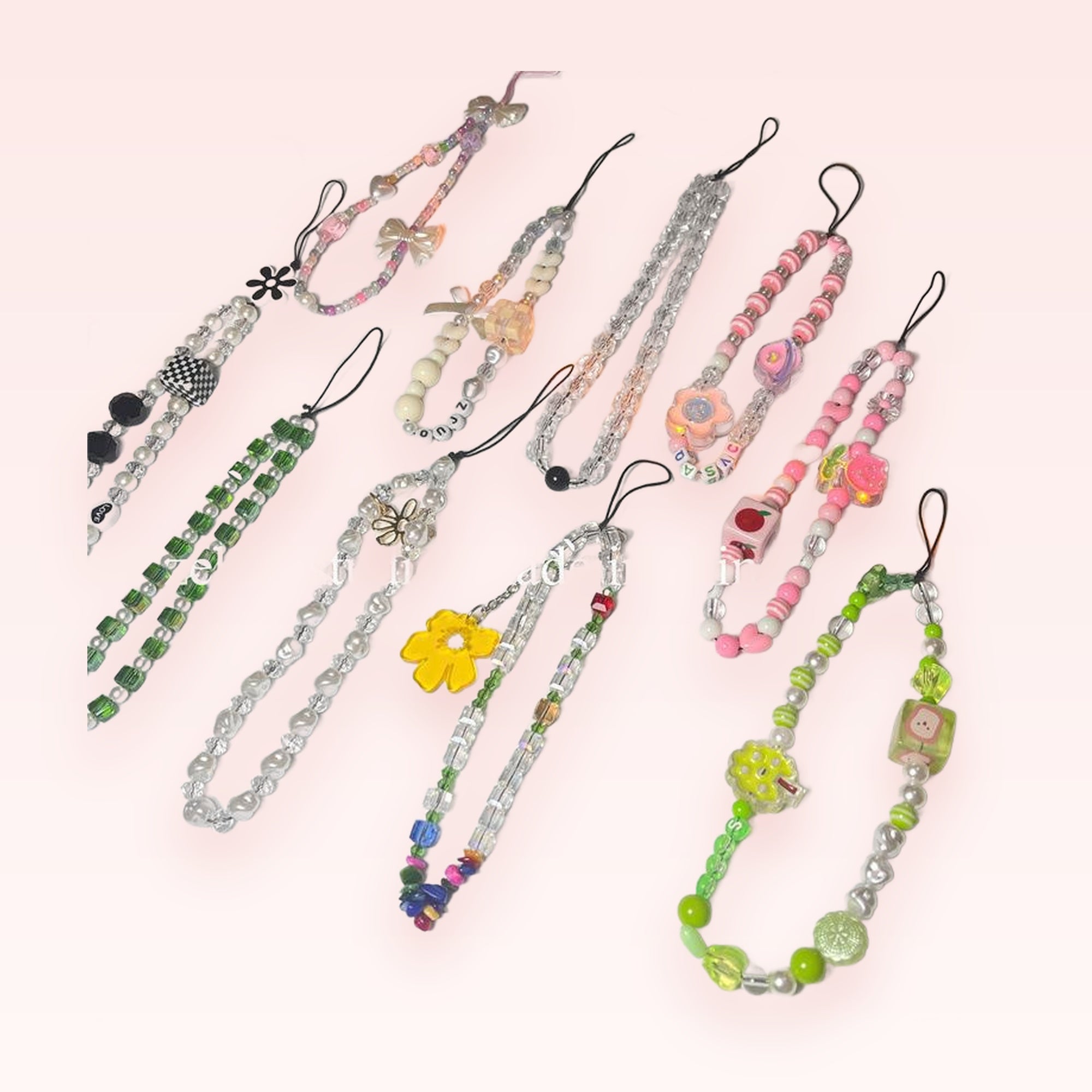 Kawaii Beaded Phone Charm Strap Collection | Pastel Pearl & Crystal Wrist Lanyards