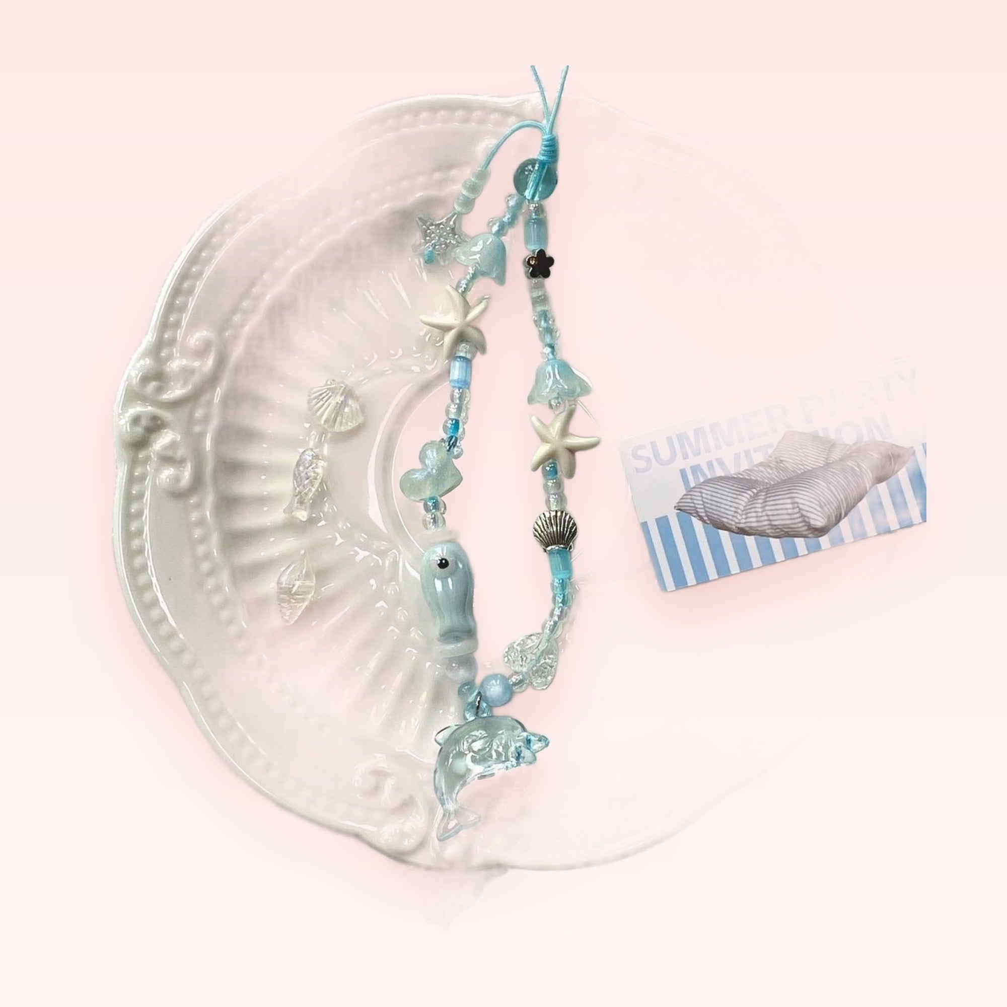 Aesthetic Blue Ocean Sea Life Phone Charm | Kawaii Starfish Dolphin Beaded Wrist Strap