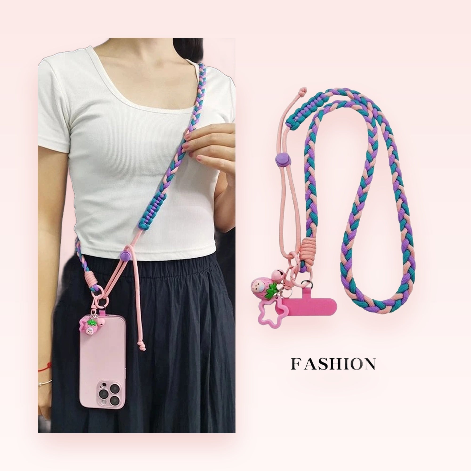 Braided Crossbody Phone Lanyard with Charms | Pastel Pink & Purple Adjustable Strap