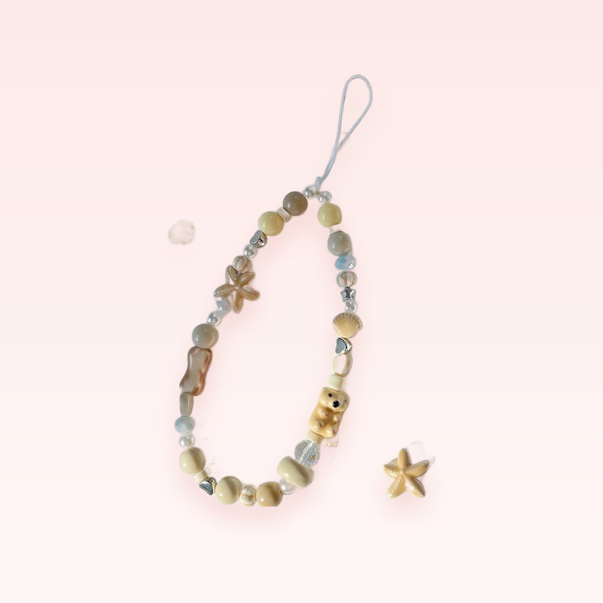 Kawaii Beige & Pastel Beaded Phone Charm | Ocean-Themed Wrist Strap with Bear & Starfish