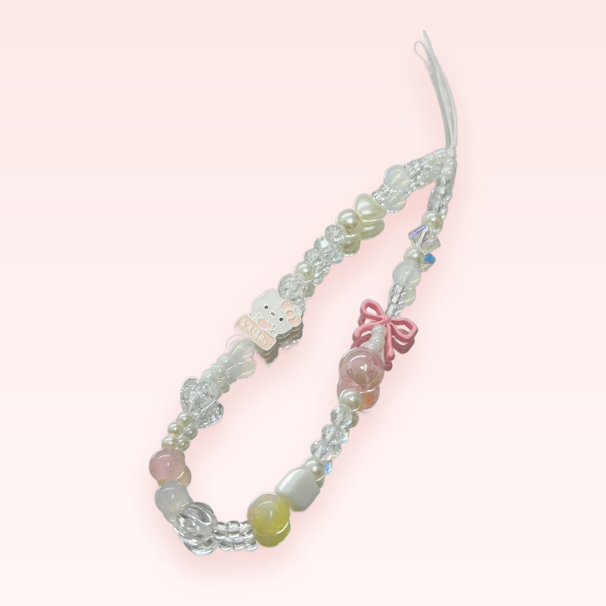 Kawaii Pastel Beaded Phone Charm Strap | Cute Pink Bow & Bunny Wrist Lanyard