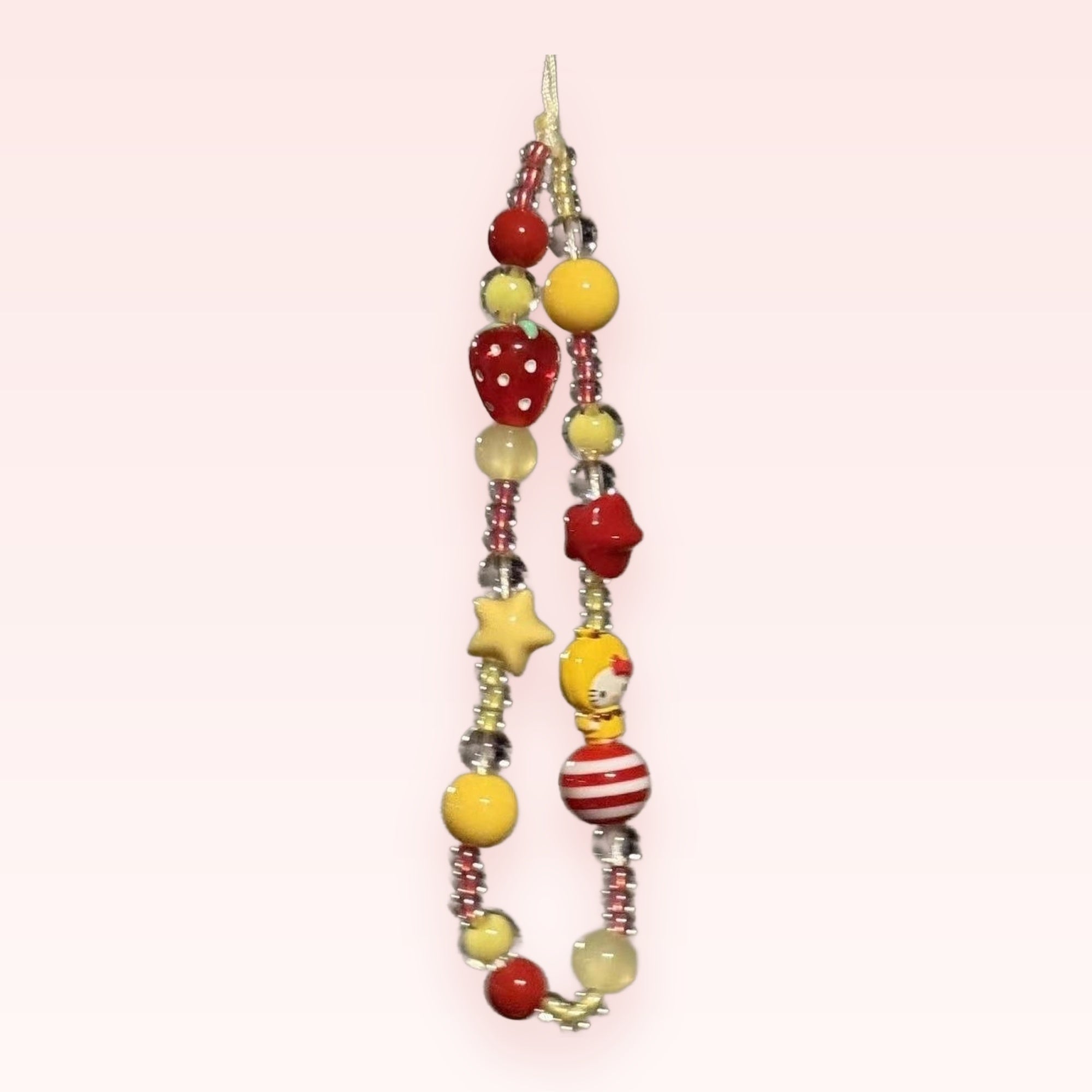 Kawaii Red & Yellow Beaded Phone Charm | Strawberry Hello Kitty Star Wrist Lanyard